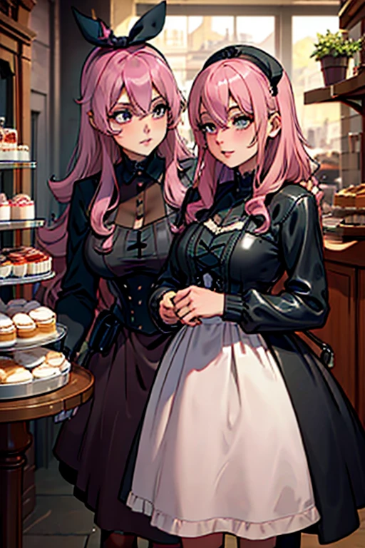 A pink haired woman with violet eyes with an hourglass figure in a cool leather jacket and gothic lolita dress dress is looking at cakes in a bakery