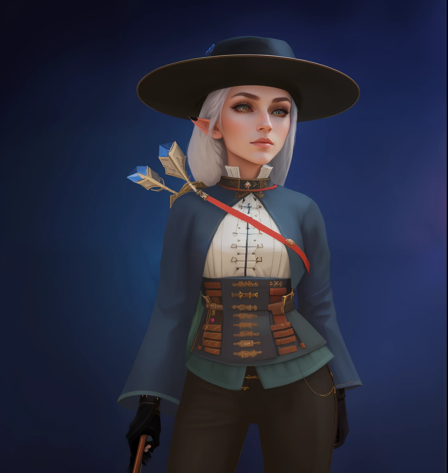 there is a woman with a hat and a bow in a costume, highly detailed character, portrait of a female mage, dark witch character, female character, female wizard, painted in the style arcane, a young female wizard, portrait of a female elf warlock, female mage, clothes themed on a peacock mage, valkyrie style character, epic mage girl character