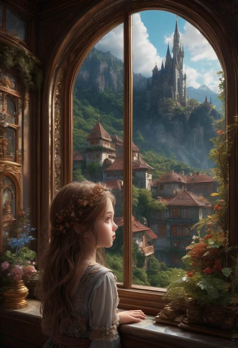 1girl, The View Outside the Window, The view through a window to a magical world, Epic cinematic brilliant stunning intricate meticulously detailed dramatic atmospheric maximalist digital matte painting . masterpiece, best quality, very aesthetic, absurdres, aesthetic