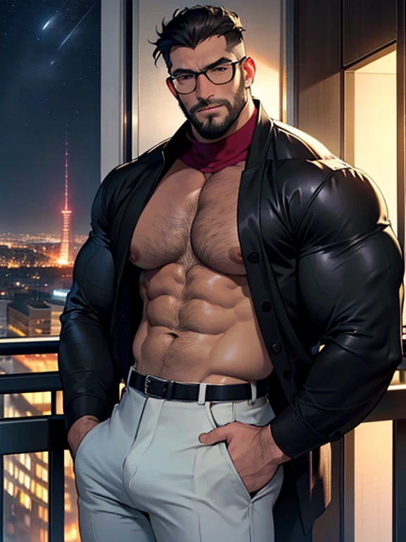 2 man, masterpiece, best quality, highres, close up shot, ultra detailed, ((wide angle)), middle-aged men, daddy, hunk physique, beefy, burly, hairy, manly, really tall, black hair, beard, kissing and hugging each other, sexual, wearing a dark brown jacket, white turtleneck shirt, black trousers, black belt, wearing glasses, kissing passionately on a balcony, indoors, high rise balcony in the background, night time, skycrapers, incredible composition, HDR, volumetric lighting, shadows, aesthetic, homoerotic