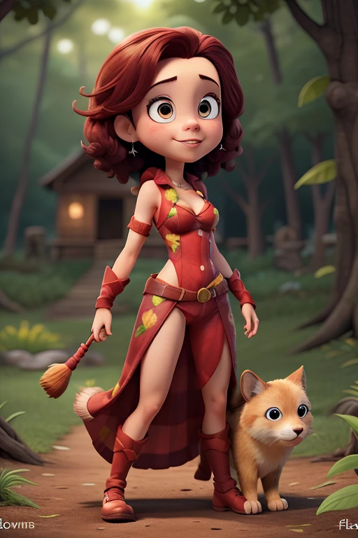 Desenho animado de uma mulher com roupas selvagens na floresta e alguns animais