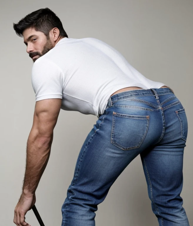 male, vaquero musculoso, rostro, realista, foto cuerpo completo con jeans, barba corta. Chayanne. White jeans backside bent over