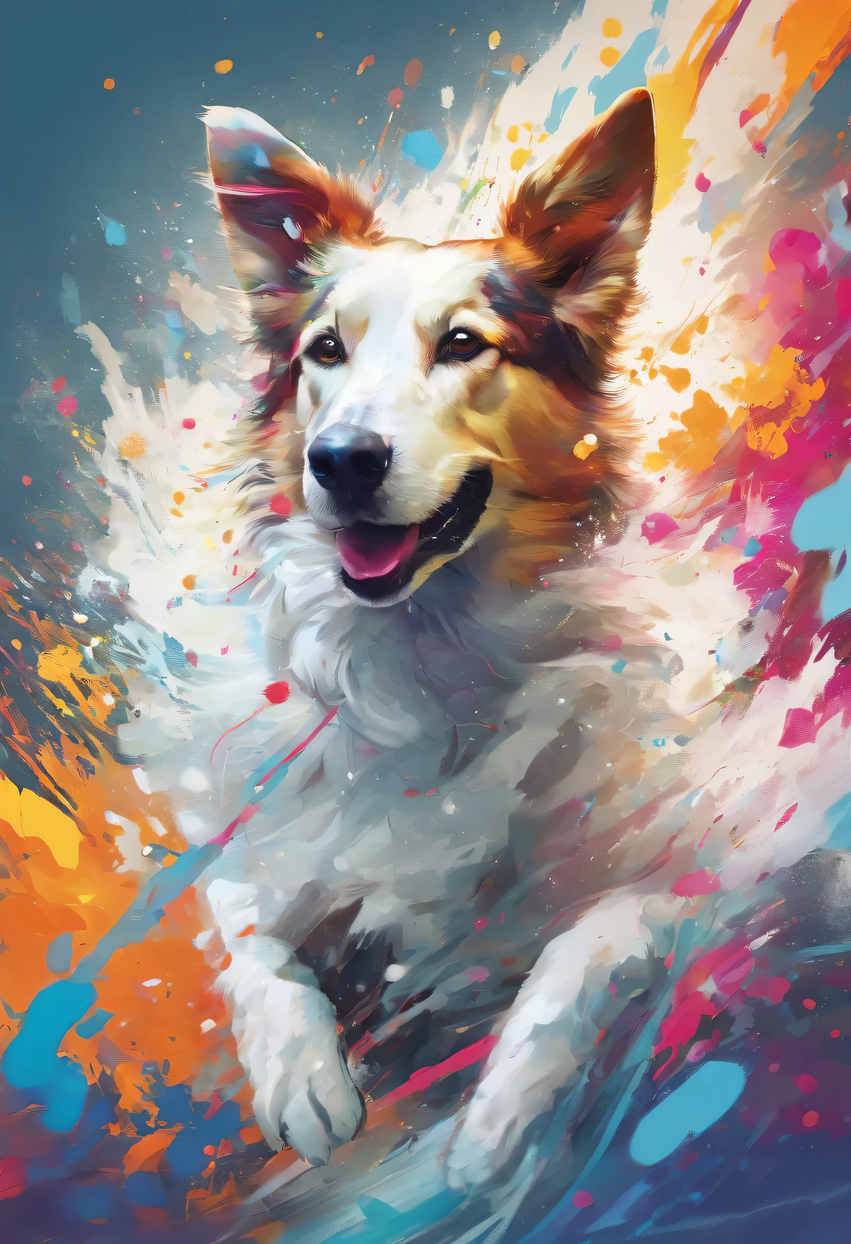 Splash Art, Smooth Collie Dog, ((White background)), piercing eyes, Epic Instagram, art  stations, splash style of color paint, contours, hyper detailed intricately detailed , illusory engine, Fantastical, intricately details, Splash screen, Complementary colors, fantasy concept art, 8K resolution, Deviantart's masterpiece, Oil painting, Heavy strokes, paint drips, splashart