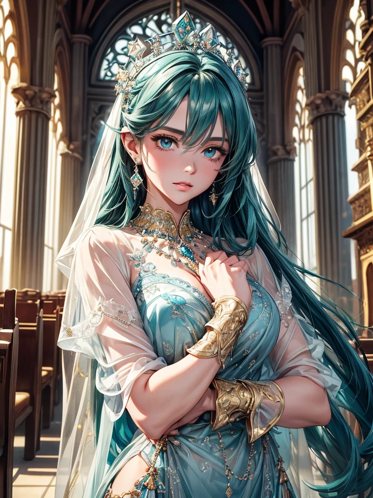 (best quality, high resolution, masterpiece:1.2), Super detailed, Beautiful and delicate lake green eyes, Beautiful and delicate lips, extremely detailed face, super long hair, 1 girl, Beautiful girl with aqua blue hair, Wearing a royal blue royal costume, see-through chiffon platinum shawl, (gold ornaments), golden and silver pattern, (light blue pattern), (complex pattern:0.7), Lovely, attractive, portrait, delicate eyes, ancient church, Luminous earrings, Reflective pupil, see-through clothing design, (empty:0.7), chiffon, (see-through chiffon), (lace:0.7), black gloves, Gem necklace, Diamond ring, Diamond hairpin, Cubist Futurism, anime, 8K, textured skin, UHD, ccurate, super detail