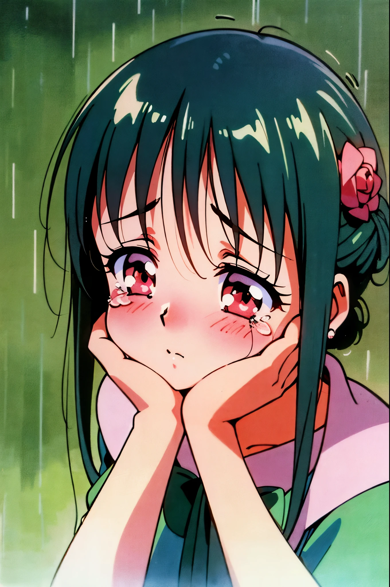 crying, Hands on the face, 1Girl, Red eyes, decorations, earrings, rain, blush, flower bed background, Girl in the mud, (muted pastel colors, Retro Anime, аниме 1990-х годов, masterpiece, Best quality)