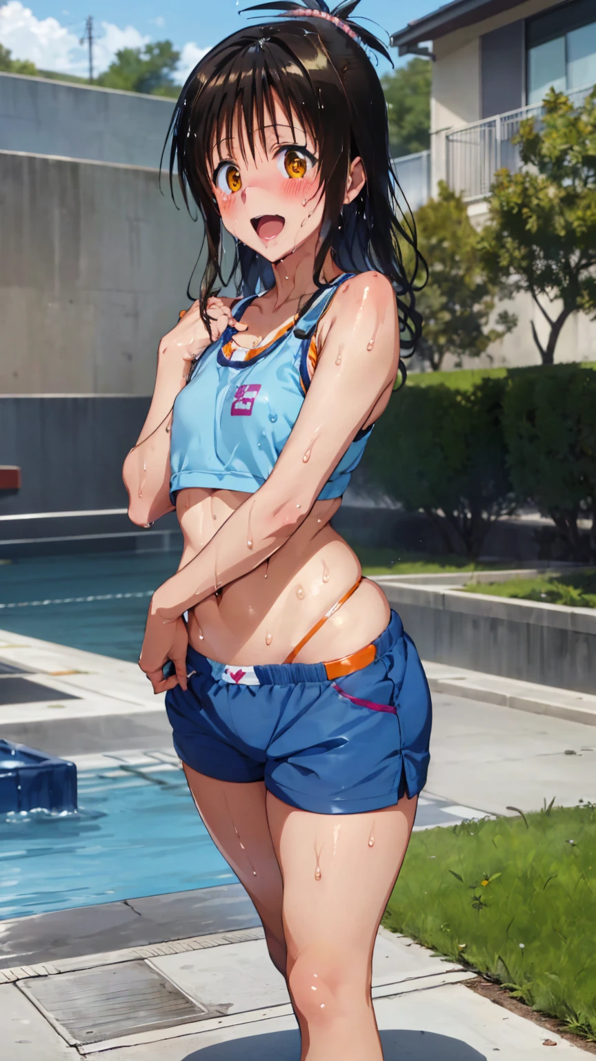 1 female,black hair,(()),(((white and blue sports bra and shorts)))(((blush、open mouth smile)),(((Yuki Mikan))),crowd(baby girl bohape)(((small breasts)))squat,((wet with sweat))outdoor playground,Mansuji