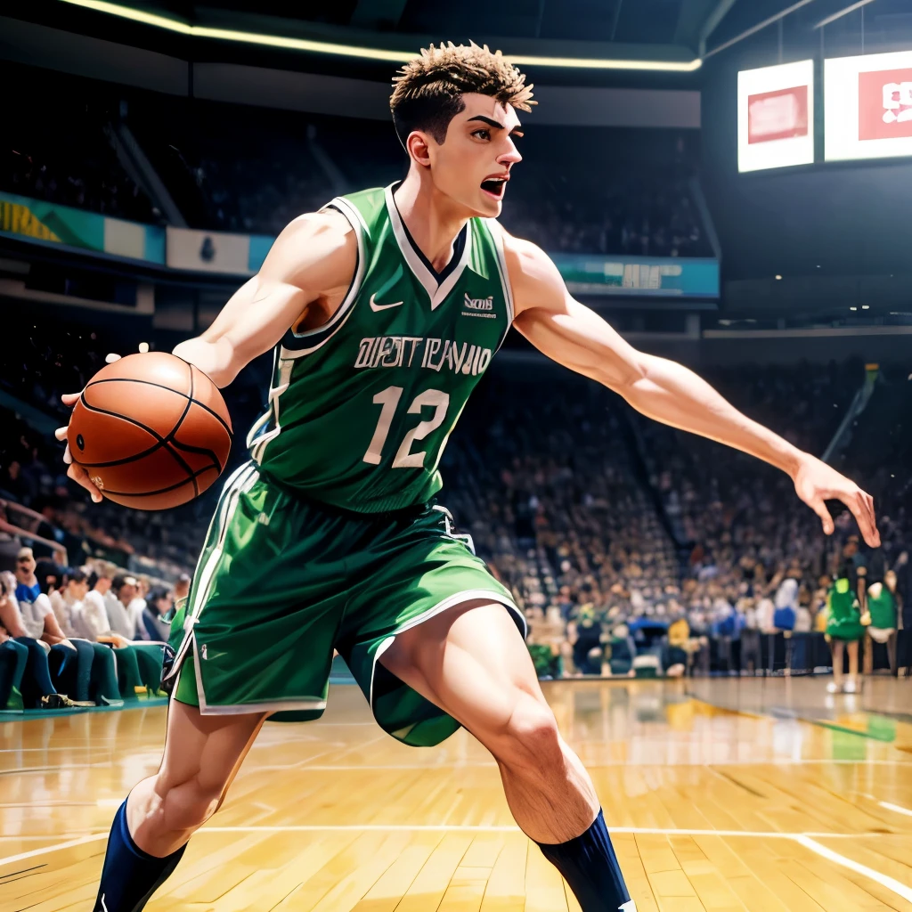 Basketball player dressed as a green doctor dribbling toward the basket, en un auditorio parecido a un quirofano.
