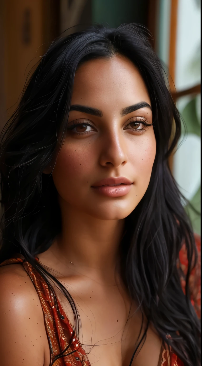 a close up of a woman with long black hair and a red dress, flawless olive skin, gorgeous latina face, photo of a beautiful woman, middle eastern skin, female camila mendes, olive skin, gorgeous attractive face, beautiful mexican woman, gorgeous woman, indian girl with brown skin, young middle eastern woman, beautiful tan mexican woman, gorgeous beautiful woman, extremely beautiful face