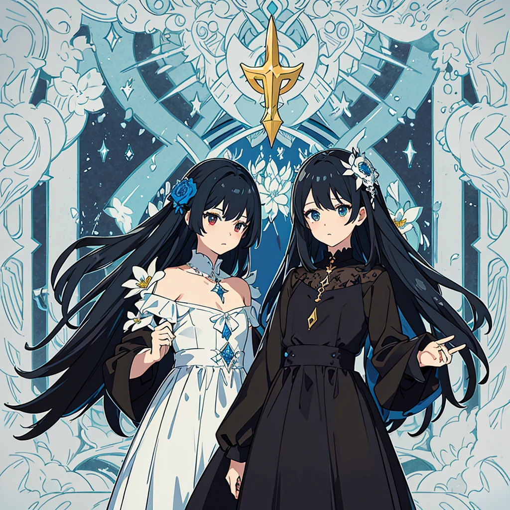 vtuber anime design, ojos amarillos, vestido de bruja negro con adornos florales, pelo muy largo y azul, con flequillo recto, tiene cuernos de demonio. Esta en un bosque brondoso, con un amanecer precioso en el fondo
