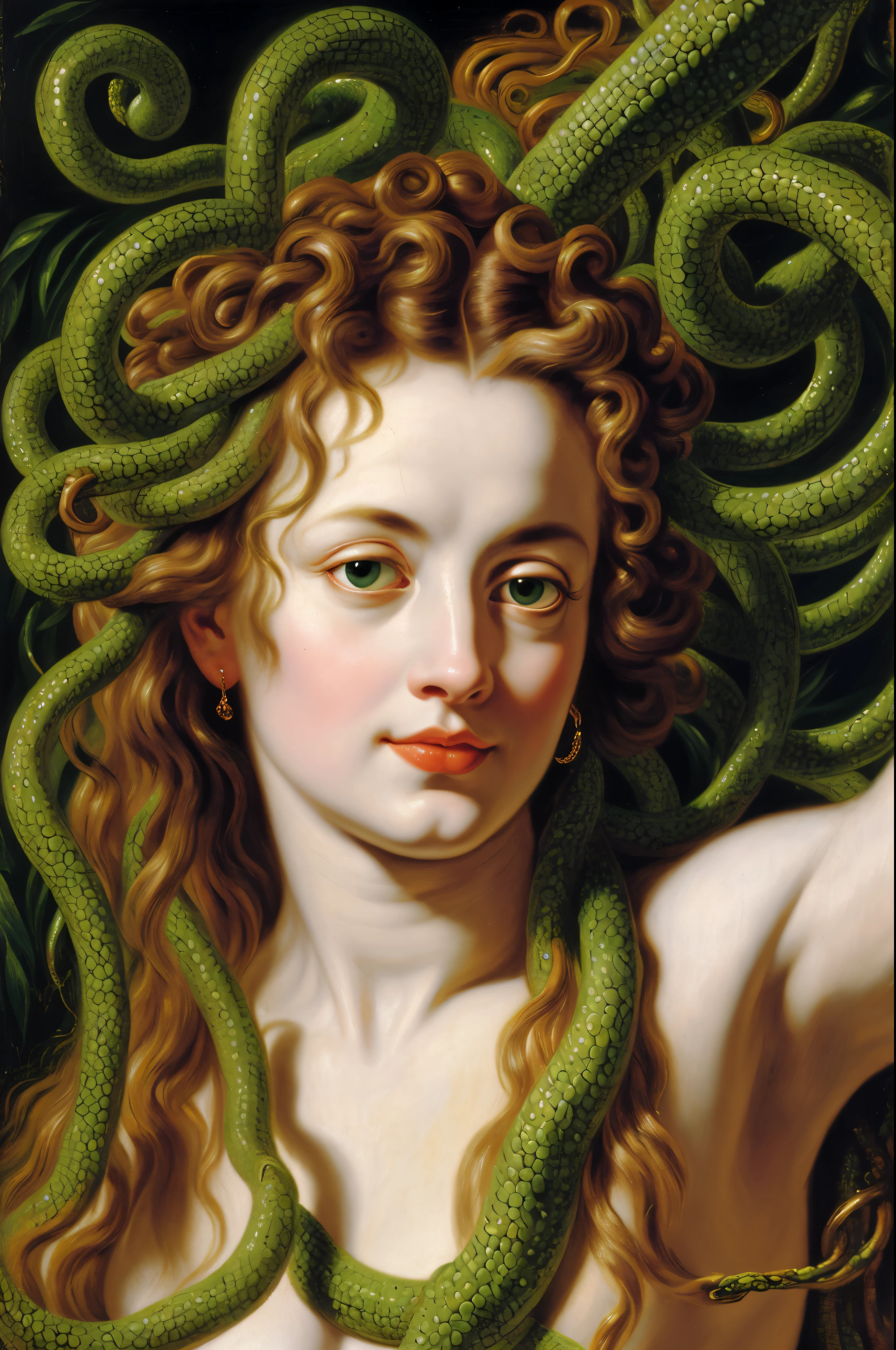 Oil painting Art of Medusa by Peter Paul Rubens, Greek Goddess Medusa, pierced green eyes, hair made of countless small green snakes, small snake heads, by Peter Paul Rubens, in Peter Paul Rubens style, Mythological Art, Masterpiece, oil painting art, pastel Oil Painting, academic Art, renaissance Art,