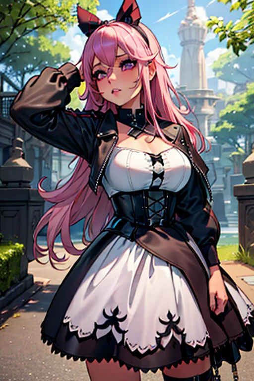 A pink haired woman with violet eyes with an hourglass figure in a cool leather jacket and gothic ****ta dress dress is fixing her dress in the park
