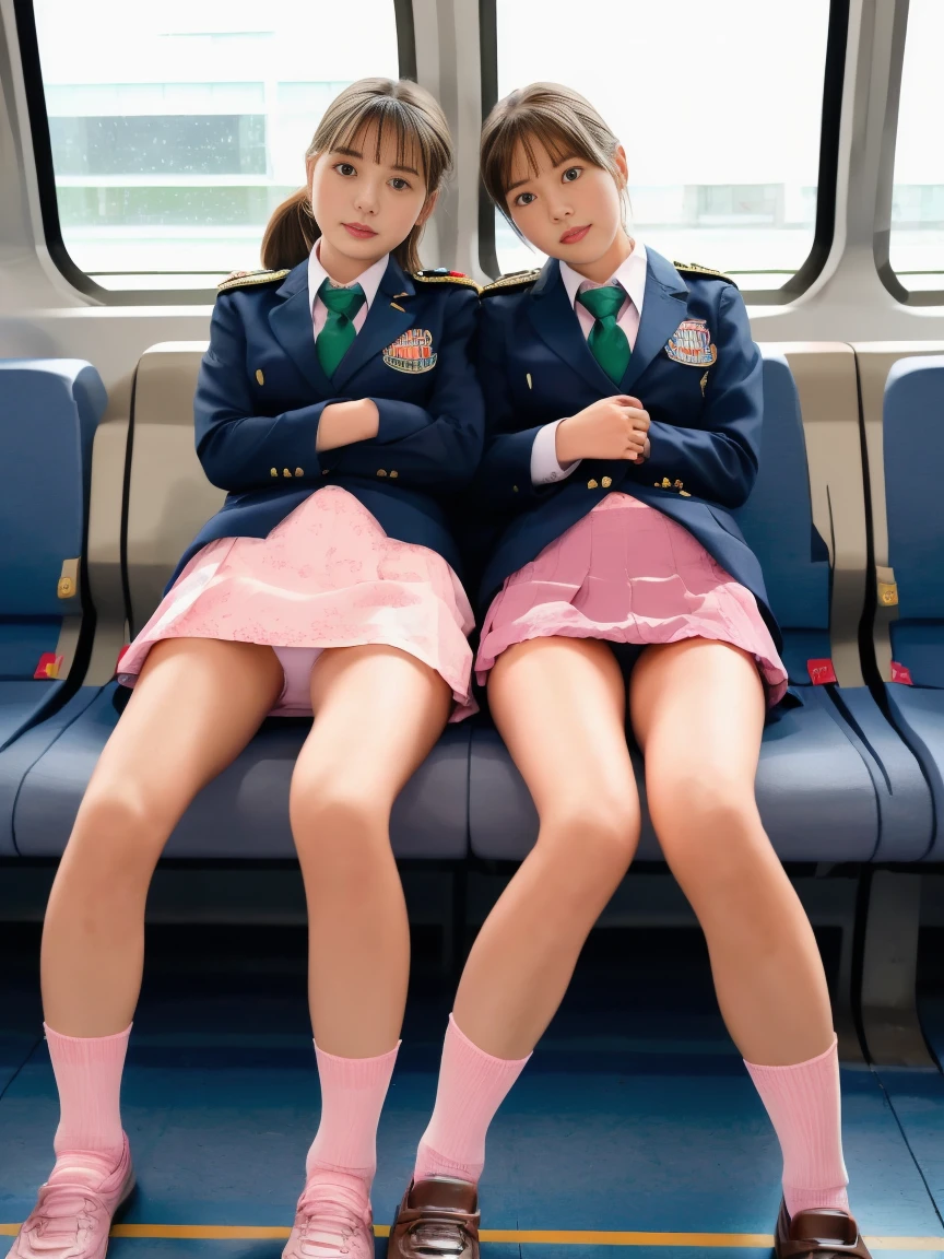 highest quality, ultra high resolution, (realistic: ),((girl in uniform2people))(((Please open your legs a little)))gray mini skirt,gray blazer、Pink embroidered panties、White embroidered panties),full body portrait,sit side by side on train seats,Sunny,loose socks、shortcut、ponytail、