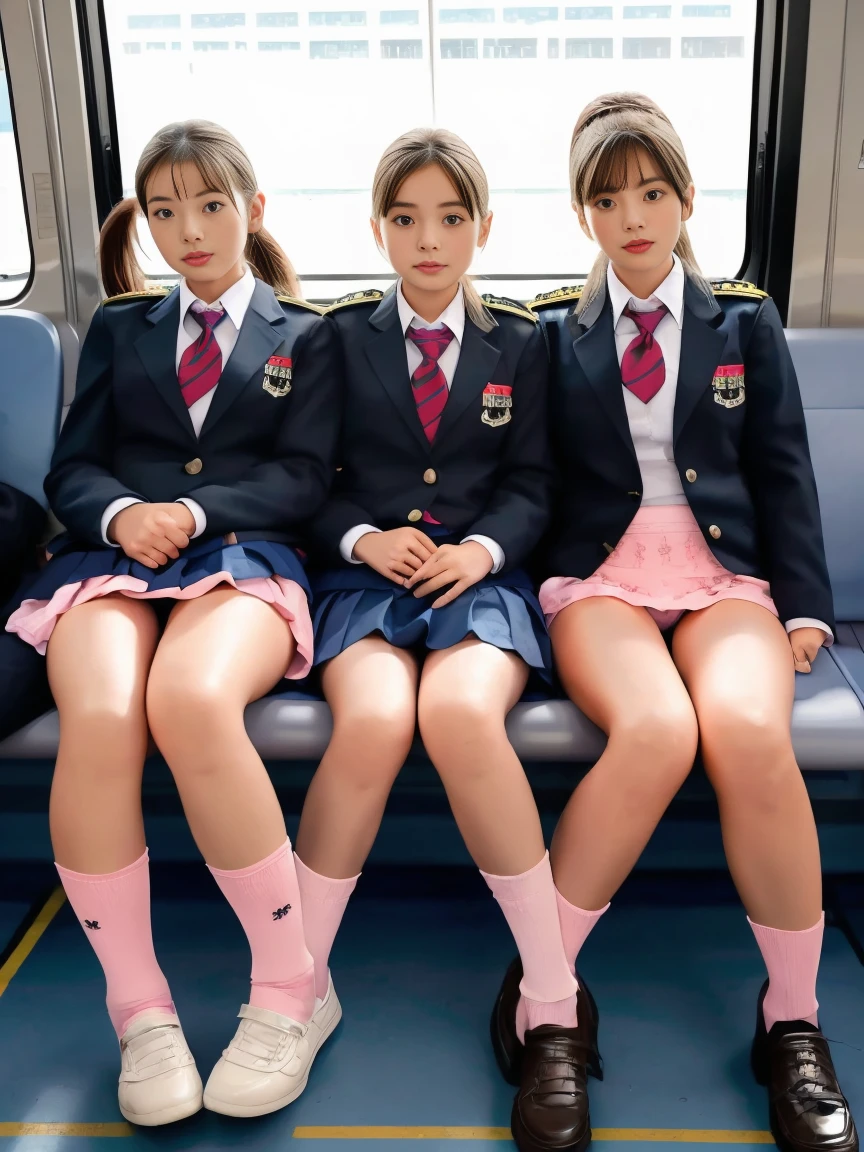 highest quality, ultra high resolution, (realistic: ),((girl in uniform２people))(((Please open your legs a little)))gray mini skirt,gray blazer、Pink embroidered panties、White embroidered panties),full body portrait,sit side by side on train seats,Sunny,loose socks、shortcut、ponytail、