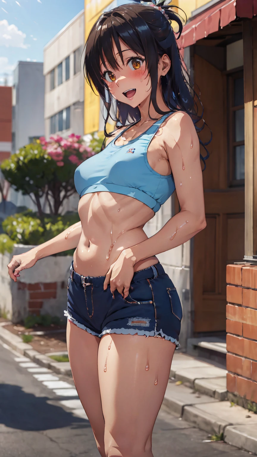 1 female,black hair,(()),(((white and blue sports bra and shorts)))(((blush、open mouth smile)),(((Yuki Mikan))),crowd(baby girl bohape)(((small breasts)))sexy pose,((wet with sweat))Outdoor Play Areas