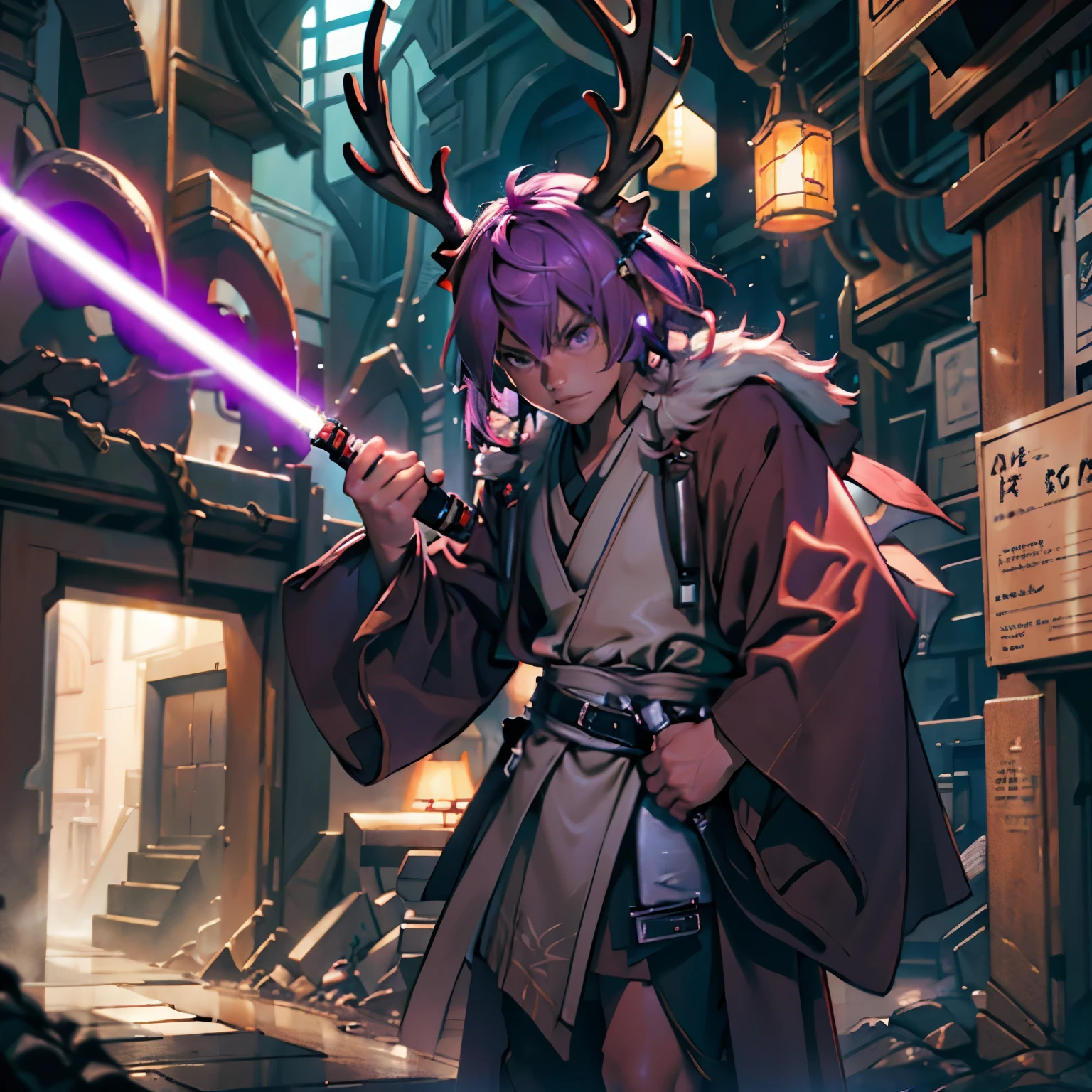 Young Male, Jedi, Purple Cloak, Fur Hood, (( Deer Antlers )), Pink Hair, Short Hair, Purple Eyes, Plate Armor, Handsome, Standing, Holding a weapon, ((Light Saber)), Saber activated, Facing the viewer, Confident Expression, high-res portrait, Fantasy, Vibrant Colors, dark lighting, Cinematic, Background, HDR, 3D, HD, Very Detailed, Masterpiece