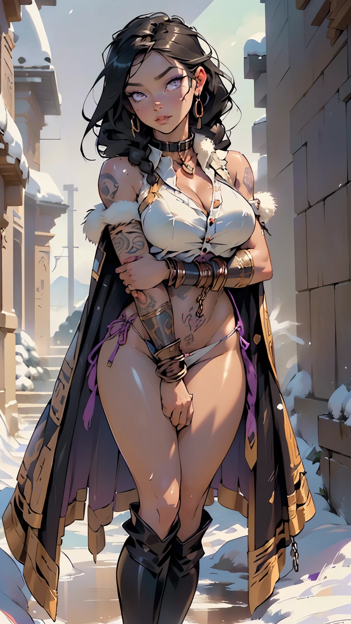 barbarian girl from ancient Egypt,1girl,

(large breasts:1.4),((((long twin braids,tight braids,long braid,braided hair,long hime cut,dark hair,black hair,colored inner hair)))),(((purple_eyes:1.3))),intricate eyes,beautiful detailed eyes,symmetrical eyes,((((lustrous skin:1.5,tanned skin,bright skin: 1.5,skin tanned,shiny skin,very shiny skin,shiny body,Reflective skin)))),(spider lower abdomen,narrow waist,wide hip,athletic body,inflated legs,thick thighs,delicate detailed fingers,(detailed face)),beautiful detailed lips,

cute,slutty,sensual,seductive look,seductive,((erotic)),opulent,sumptuous,((nsfw)),

(((eyeshadow,egyptian makeup,eyelid makeup))),zettai ryouiki,revealing clothing,show skin,((barbarian)),((fur cloak:1.5,furry cloak:1.5,)),(thigh boots,(armor),(barbarian furs,barbarian outfit)),(((extremely skimpy outfit))),(((arcane runes tattooed on her thighs and arms))),((thong panties, fur thong)),exposed stomach,torn clothes,((brown ancient cloth)),((fur trimmed accent)),((thin leather armor,tribal clothing)),((((slave collar,Long chain leash connected to her collar,shackles)))),(((wet clothes,intricate outfit))),

(flirtatious pose:1.3), looking at viewer,embarrassed,centered,scale to fit dimensions,Rule of thirds,

((snowy egyptian palace)),winter,scenery:1.25,((intricate scenery)),((snow forest background)),snow everywhere,(,snowy egyptian palace background,snowy pyramids in the background),extremely scenery,(puddles everywhere),clouds,Egypt style,Egypt castle,(sunset, golden hour),

(Glossy Egyptian ornaments),highres,sharp focus,(ultra detailed,extremely detailed),(photorealistic artwork:1.37),(extremely detailed CG unity 8k wallpaper),(((vibrant colors,vibrant theme))),(intricate),(masterpiece),(best quality),artistic photography,(photography taken by sldr),(intricate background),perfect rendered face,perfect face details,realistic face,photo realistic,((intricate detail)),(((realism))),
