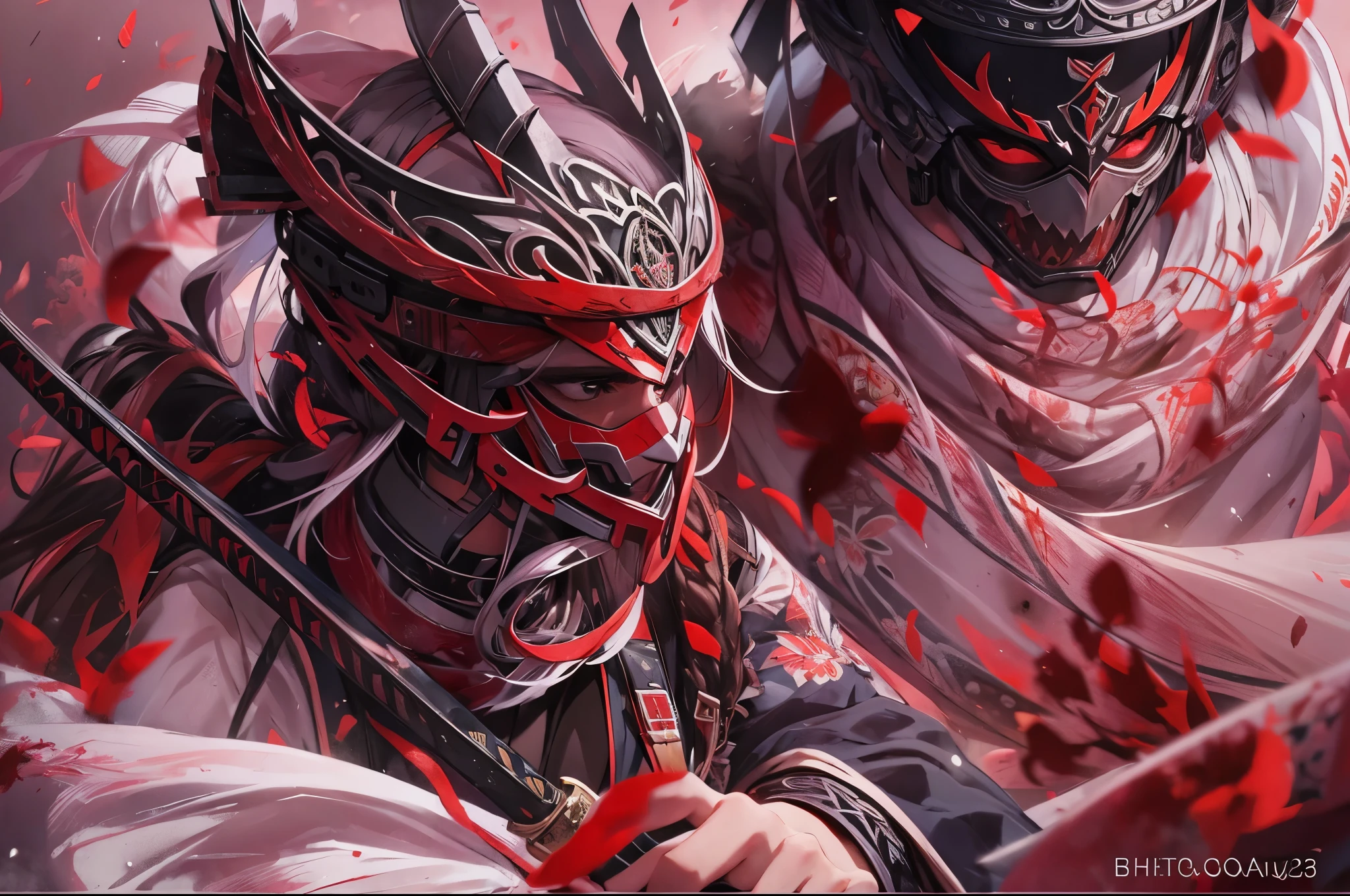 (best quality,photo-realistic),garota samurai,mask,long sword,fighting,blood,vivid colors,sharp focus