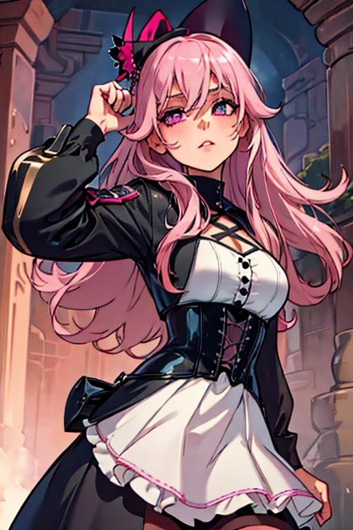 A pink haired woman with violet eyes with an hourglass figure in a cool leather jacket and gothic ta dress dress is holding a peony