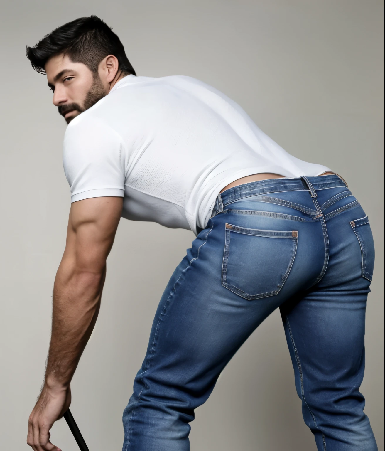  male, vaquero musculoso,  rostro, realista, foto cuerpo completo con jeans, barba corta. Chayanne. White jeans backside bent over 