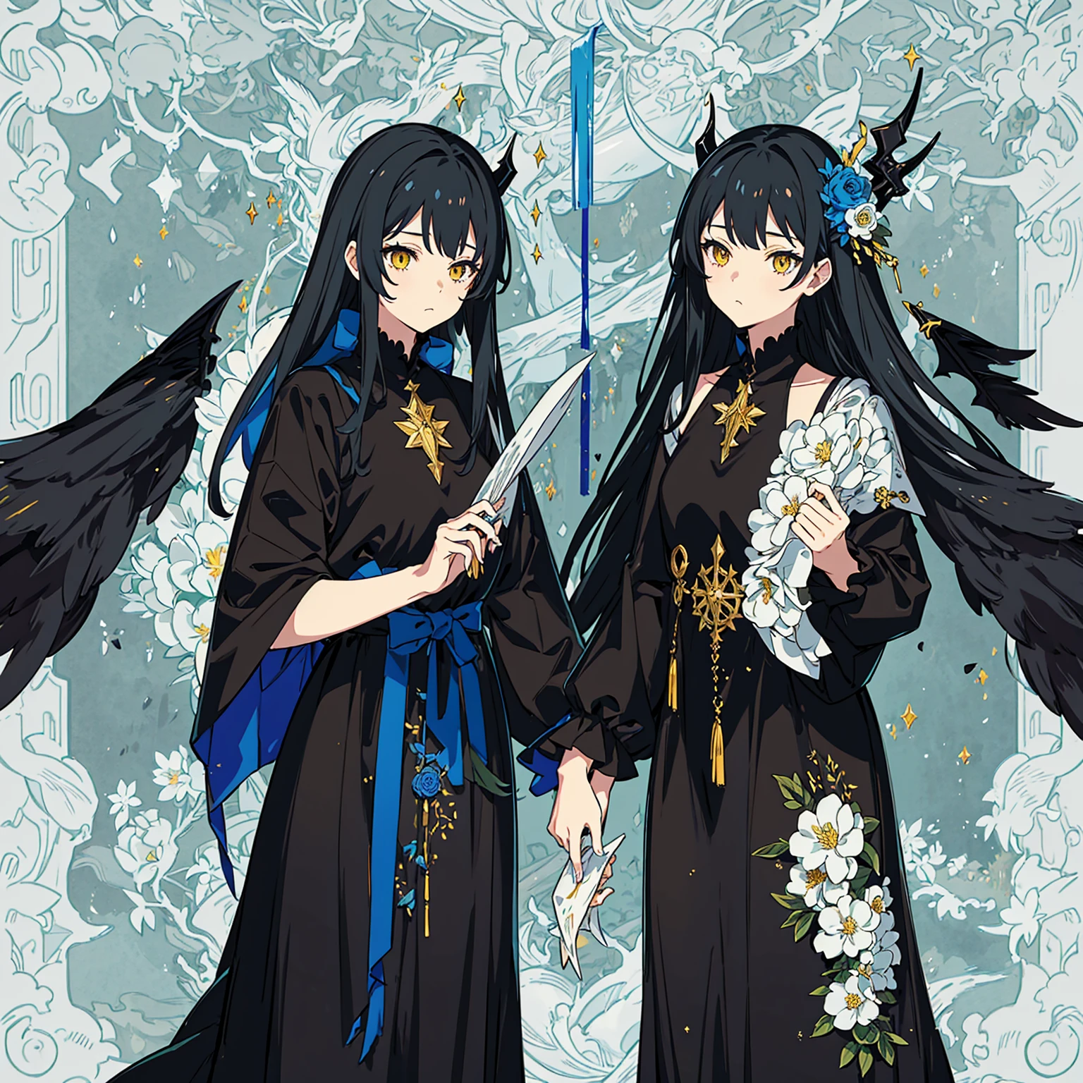 Anime vtuber design, yellow eyed, black witch dress with floral decorations, very long blue hair, with straight bangs, has demon horns. She is in a misty forest, with a beautiful sunrise in the background.
