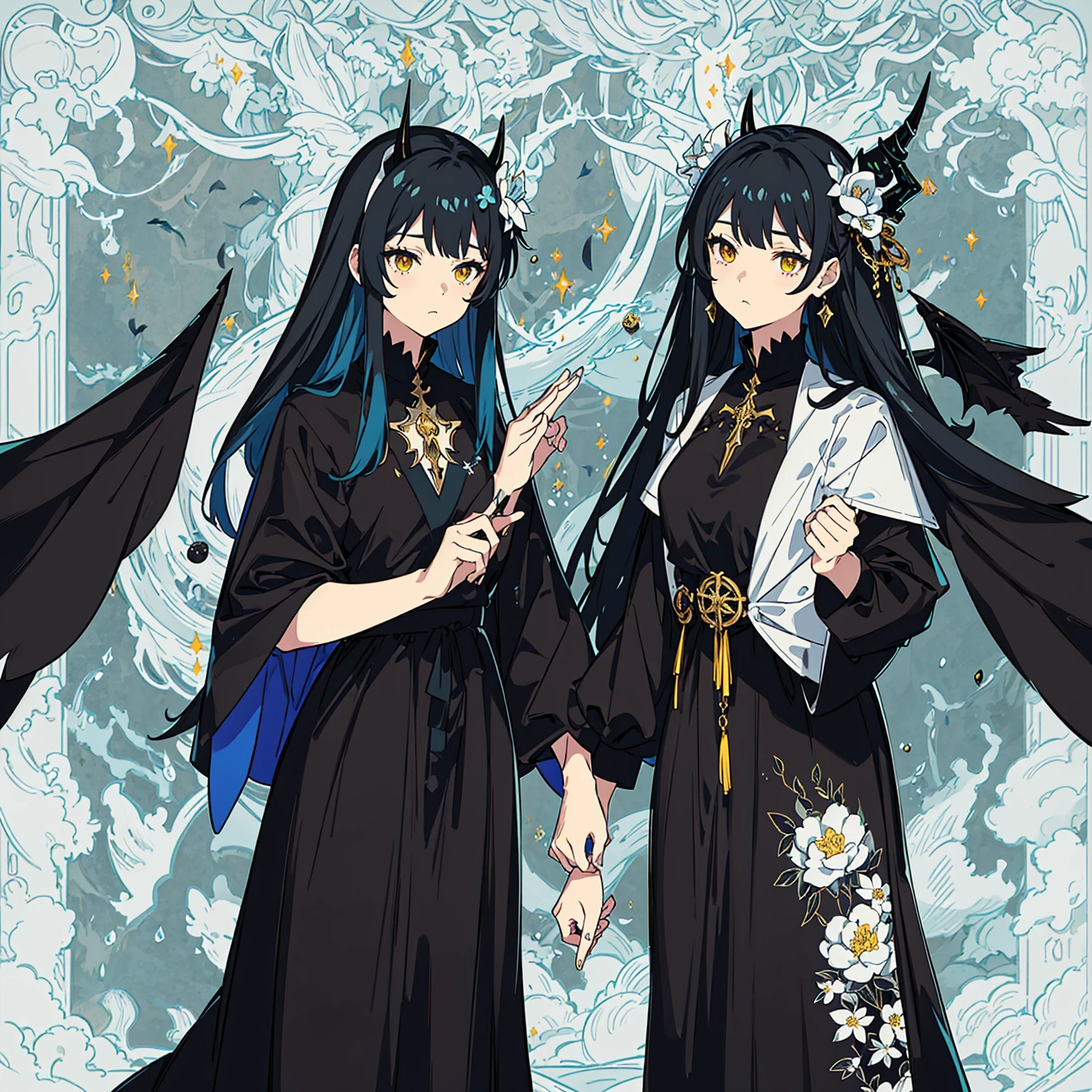 Anime vtuber design, yellow eyed, black witch dress with floral decorations, very long blue hair, with straight bangs, has demon horns. She is in a misty forest, with a beautiful sunrise in the background.
