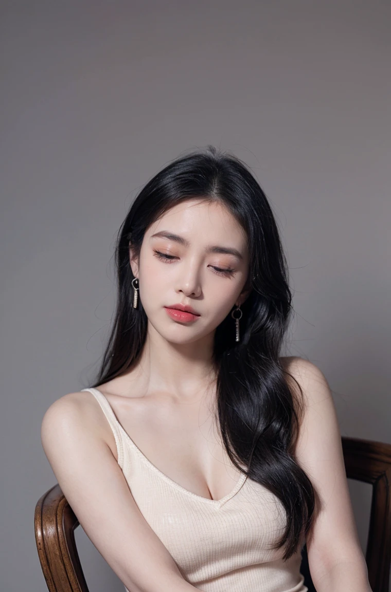 1girl, solo, black_hair, jewelry, earrings, closed_eyes, signature, long_hair, simple_background, realistic, grey_background, chair, sitting, upper_body, artist_name, closed_mouth
