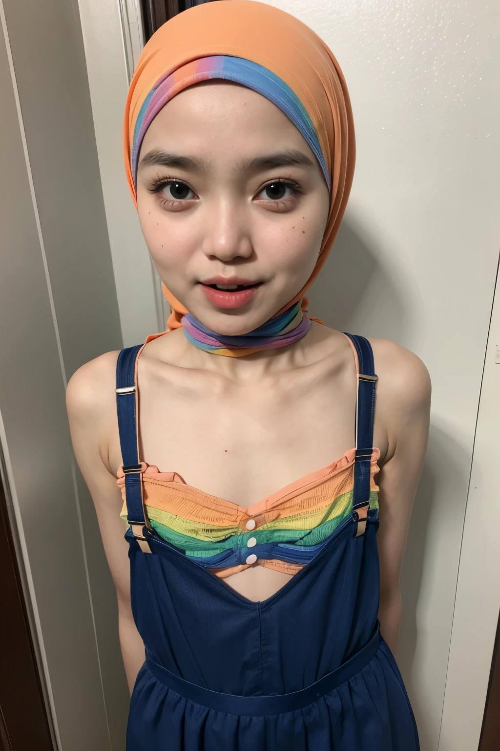 (WEARING SUSPENDER), ((Open mouth)), Naked singlet (((HIJAB MALAY GIRL))), masutepiece, High quality, UHD 32K, Realistic face, Realistic skin feeling , A Japanese Lady, , , Very cute and baby-like face, (((FLAT CHEST))), (MATRIX WORLD), ((look In front at the camera and SADNESS)), ((())), (((CUTE GIRL))), ((RAINBOW LIPS)), ((Wearing To Lingerie Suspender)), ((CHUBBY)), (undress, Rainbow Orange, be somewhere creepy