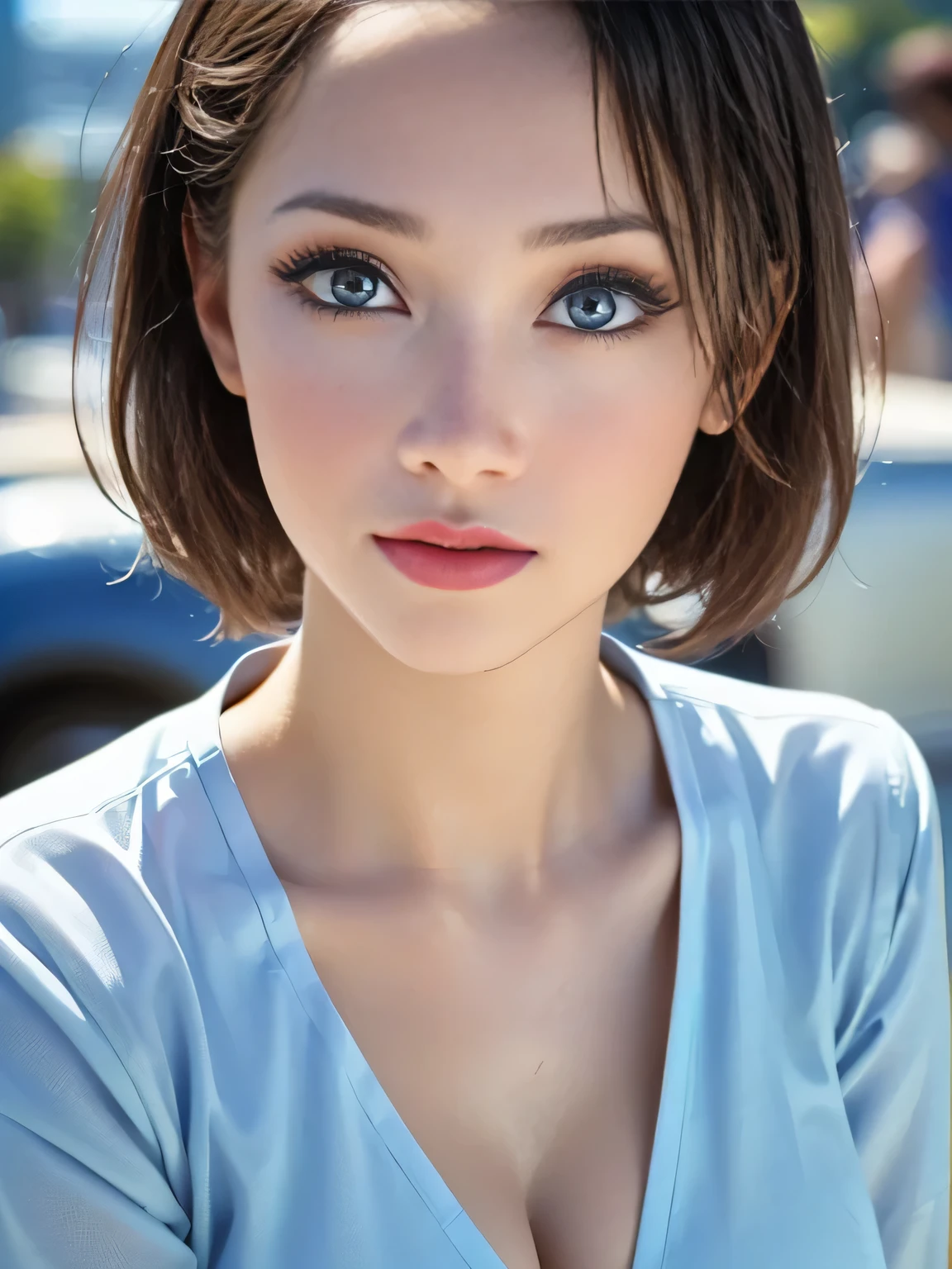 (best quality, 8k, highres, photorealistic:2.0), (solo, one girl:2.0),(photo taken using flash:1.9),(brighten the subject:1.8),(ultimate beautiful girl:2.0),(shiny skin),(oily skin),(blonde hair:1.5),(short hairstyle:1.5),(cool beauty:2.0),Blush brown makeup , dark eye makeup , use pink glossy lipstick,(big beady eyes girl:1.5),(droopy-eyes girl:1.5),(blue eyes:1.5),(thin girl:1.5),(baby face girl),(sex appeal),(sweet smelling girl),(Photographed at the Museum of Modern Art:1.8),(A girl who works part-time at an art museum:1.3),(she works for low wages:1.5),(kind-hearted woman:1.5),(she has a nice smile:1.3),(woman with a happy look:1.3),(she is very sociable),(from a very poor family:1.5),(virgin girl),(She is a secret pervert.),(she covertly lewd),(she looks so erotic),(Preserve virginity for devout Christians),chuuChloe,(Breast cleavage emphasis),(A woman with very soft breasts),(woman fantasizing about sex),(allurement),(I love masturbating),(impressive eyes:1.5),(clean girl),(affability),(Rubber Fetishism)