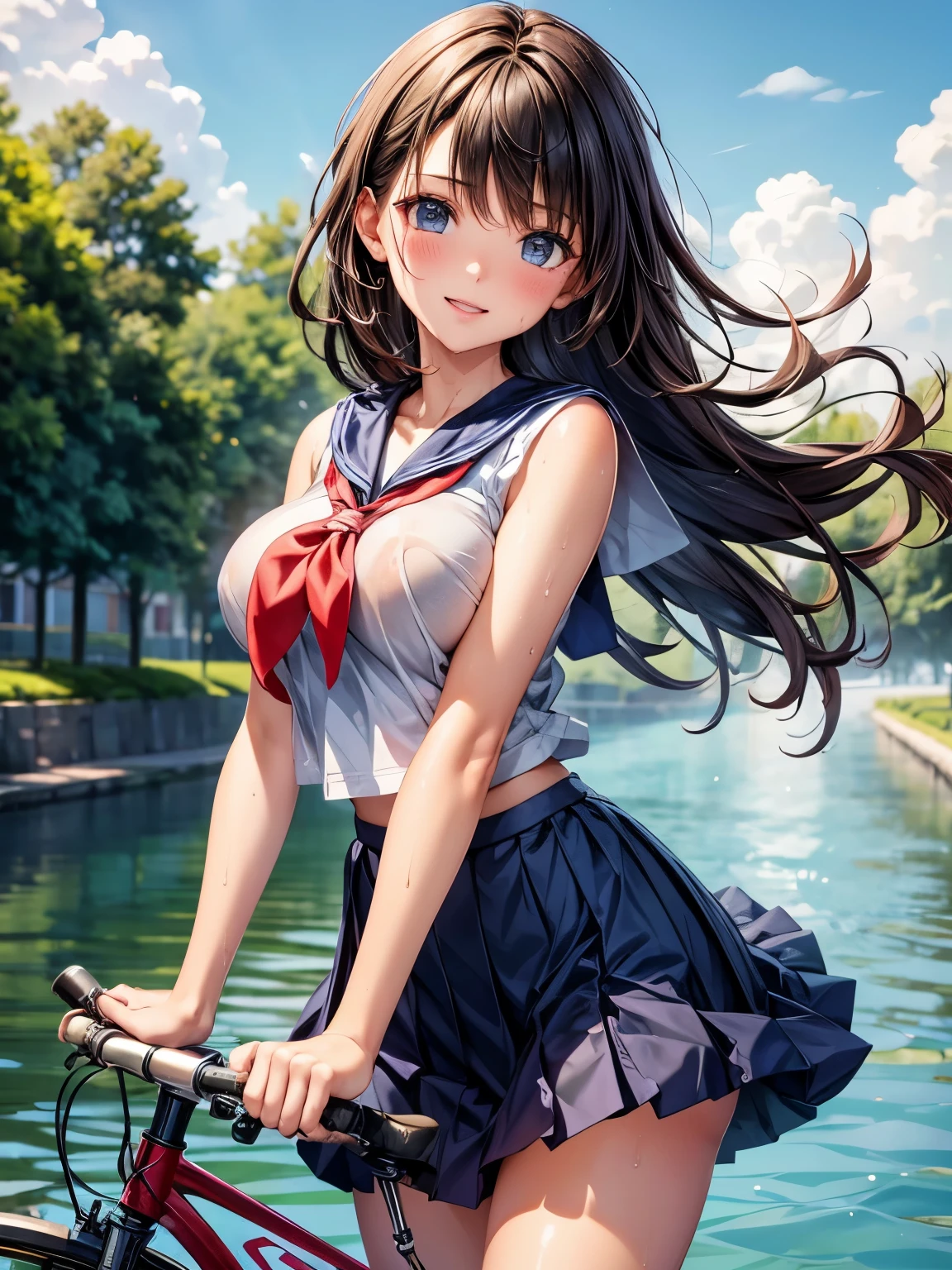 woman,20-year-old,(((sailor suit))),smile, (See-through:0.92),blush,(wet with sweat),(((riding a bicycle:1.2))),((navy blue skirt)), ((The skirt is flipped by the wind)), (white panties:1.2)、 beautiful big breasts, slender body, highest quality, High resolution, highly detailed face, perfect lighting, Very detailed CG, (perfect hands, perfect anatomy)