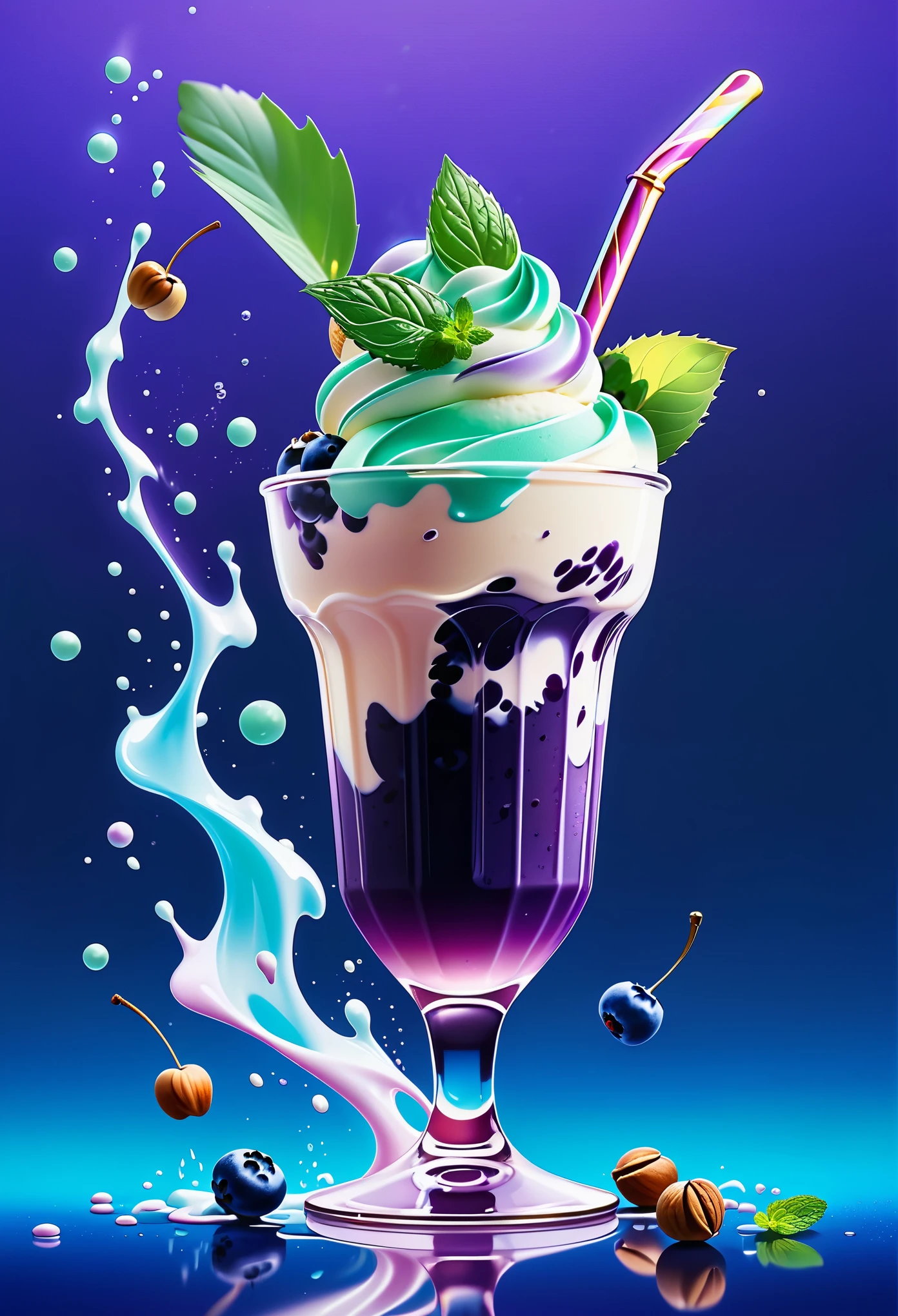 Blueberry ice cream, in a stylish modern glass, ice cubes, nuts, mint leaves, splashing milk cream, in a gradient purple background, fluid motion, dynamic movement, cinematic lighting, Mysterious, golden ratio, fake detail, trending pixiv fanbox, acrylic palette knife, style of makoto shinkai studio ghibli genshin impact james gilleard greg rutkowski chiho aoshima