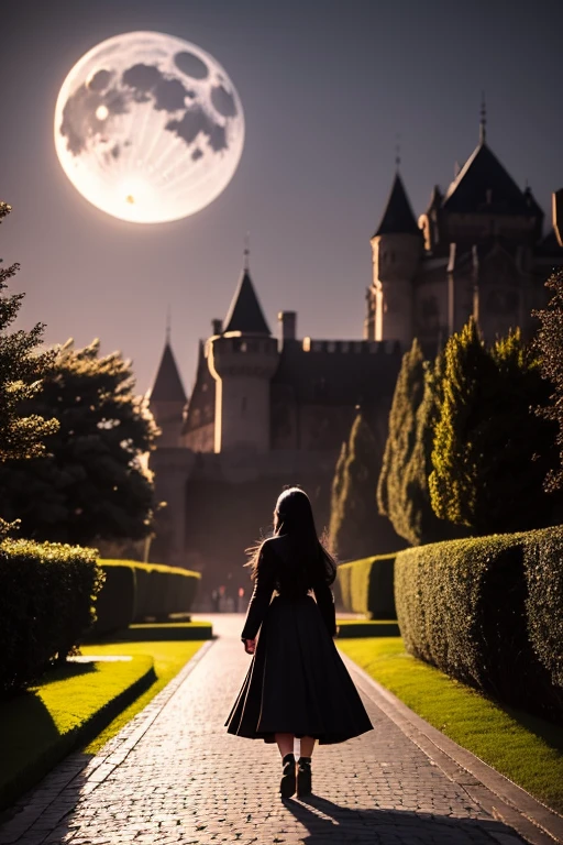 A girl with black hair walking in the castle garden on full moon night