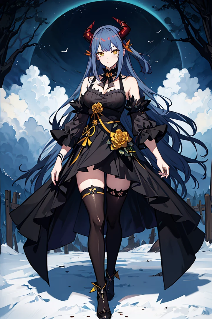 Anime witch vtuber design, yellow eyed, black dress with floral decorations, very long blue hair, with straight bangs, has demon horns. She is in a misty forest, with a beautiful sunrise in the background.
