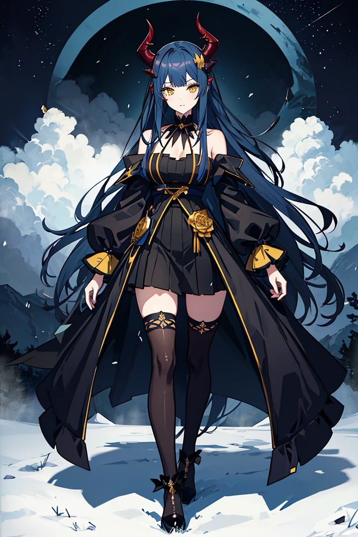 Anime witch vtuber design, yellow eyed, black dress with floral decorations, very long blue hair, with straight bangs, has demon horns. She is in a misty forest, with a beautiful sunrise in the background.