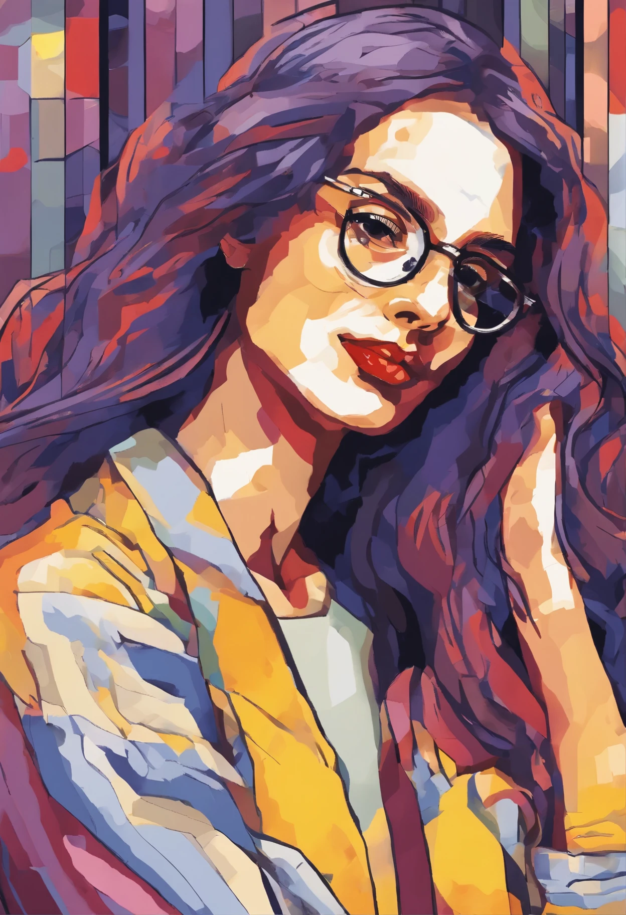 Partial front view of the scene; details in 8k; precision in details; Pablo Picasso style drawing. Wood splash; high color contrast; Abstract artistic drawing textured background of a brunette woman with long, wavy hair wearing square glasses, woman smiling with red lipstick, face more toned and rounded and with slight dimples near the mouth, wearing a black coat with a yellow t-shirt underneath looking at the right, lilac white colors in the environment, illustration, watercolor illustration, professional illustrator, best watercolor, ink and watercolor paintings, alcohol ink, vibrant colors, perspective view, centered, perspective lines,