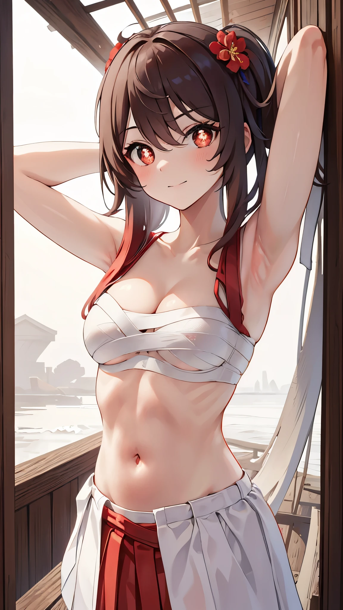 short girl, masterpiece, highres, solo, 8k, detailed, perfect face, best quality, (ultra high quality), (looking at viewers), (armpit), collarbone, bare arms, small breasts, cleavage, dark brown hair, long hair, twintails hair, red eyes, (white flower shape pupils), belly, stomach, navel, abs, sarashi chest, bandaged breast, (red hakama), slim body, slim waist, upper body, smile, blush, closed mouth, at forest, hand up