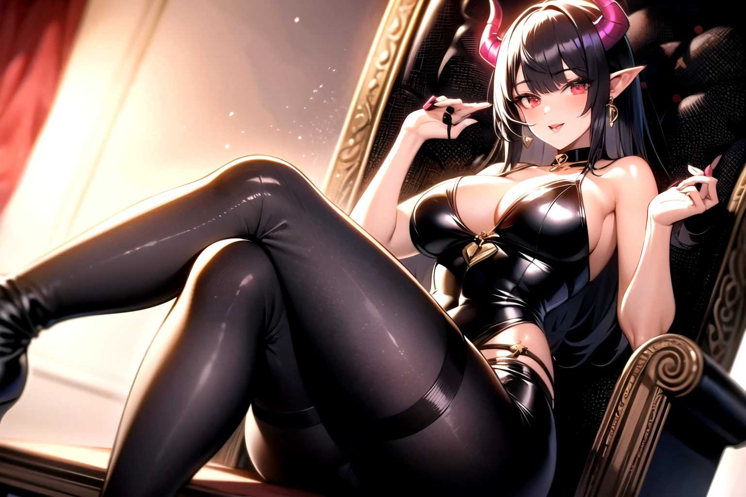 confident, goth succubus with horns and black hair, curvy hentai girl, sexy latex, big , big ass, royal princess, sitting in a throne