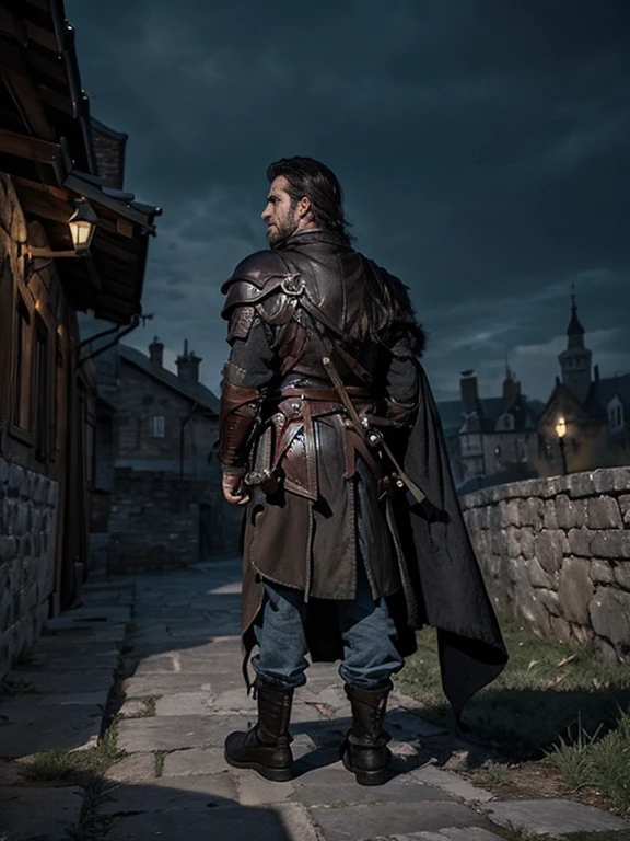 Cartoon style pictures ,(European men),midnight,Overall black tone, Characters take up one third,Create dystopian masterpieces, Game of Thrones movie scenes, The whole character is dressed in Game of Thrones style, Rugged full body armor and cloak, The background is a medieval castle,Medieval manor farmland,river,farmer, Strong man, strong, shabby, Turn your back to the audience, Photos taken from a distance,