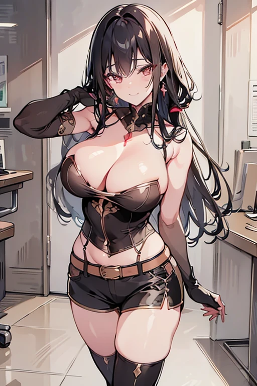 (best quality,4k,8k,highres,masterpiece:1.2),ultra-detailed,(realistic,photorealistic,photo-realistic:1.37),portrait,beautiful detailed eyes,beautiful detailed lips,extremely detailed eyes and face,longeyelashes,alone,girl,thick waist,thighs,black military uniform,shoulder epaulets,thigh boots,military uniform,belt,shorts,boots,earrings,jewelry,gloves,high leg raise, long straight black hair,reddish-brown eyes,view from cobweb's angle,evil smile,smiling,evil face,hands resting on own cheeks,playful expression, walking