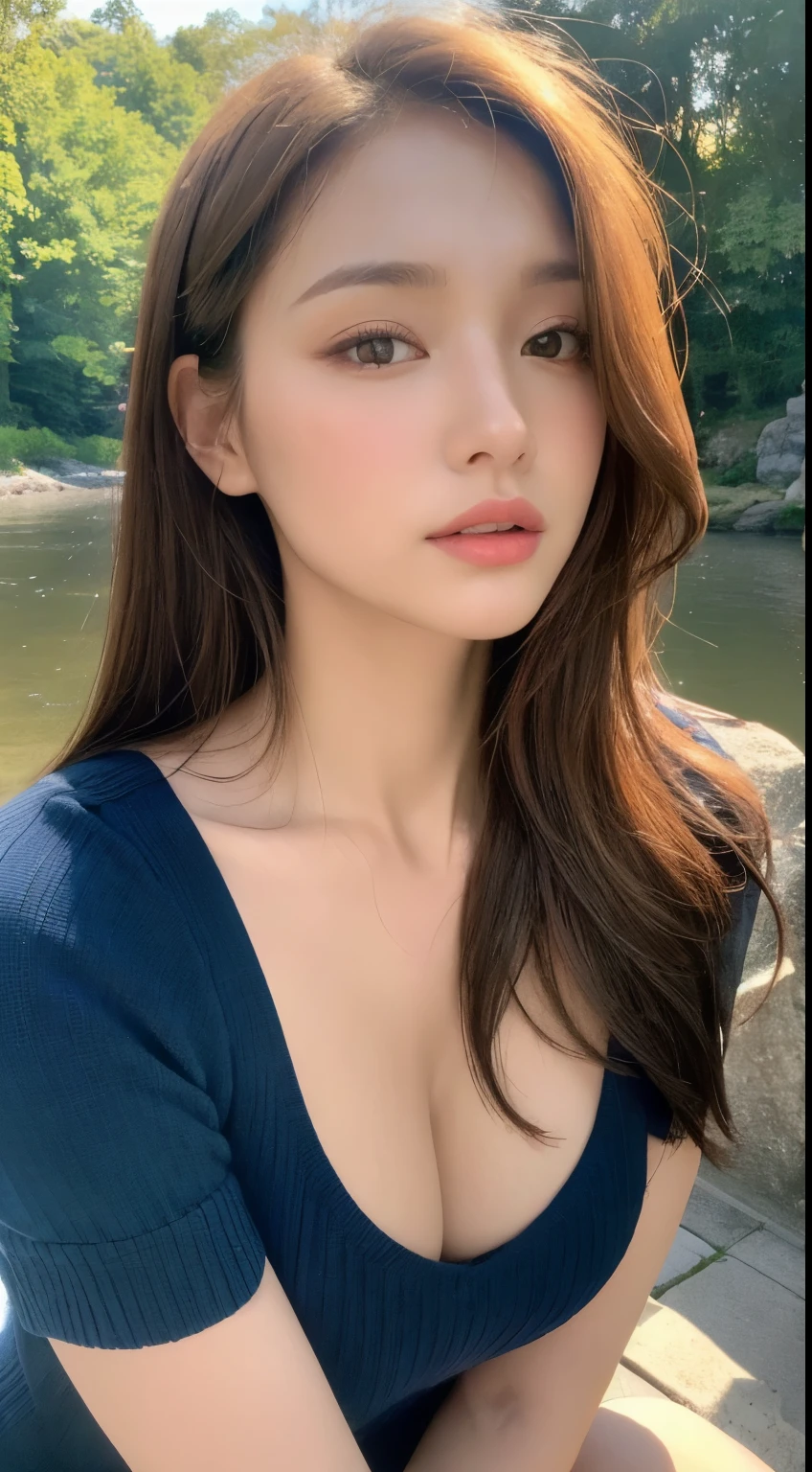 (best quality, 4k, Masterpiece :1.3), beautiful woman, 1 girl, (chest, attractive body :1.2), abdomen :1.1, dark brown hair with blonde streaks: 1.1, (sun shine, Sunbeams, Sun :1.2), Highly detailed face, detailed lips, Detailed eyes, Double eyelids, Cowboy Shot, squat, Pullover , mountain, forest, river, looking at the river