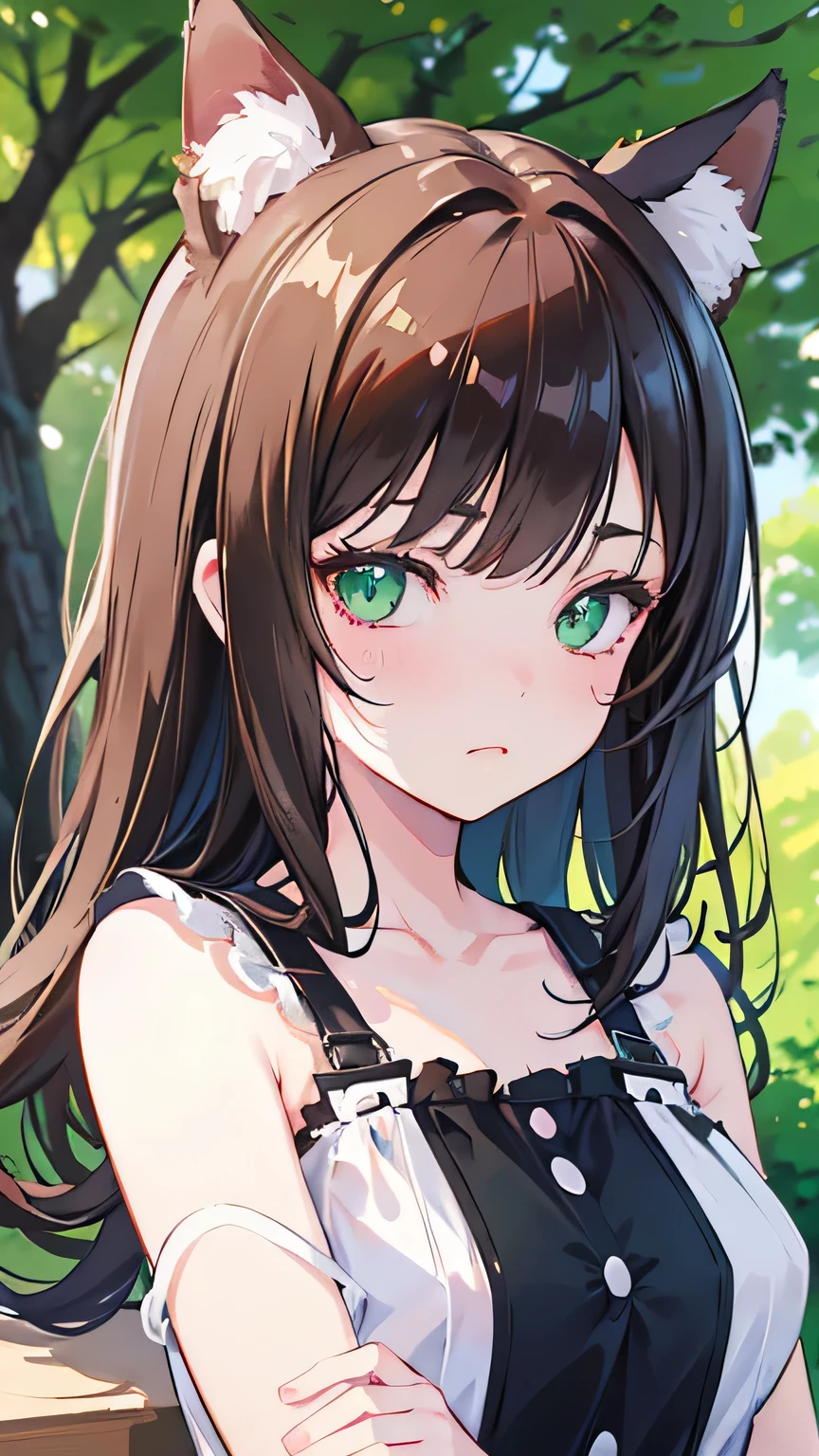 Girl with cat ears, cute-fine-face, anime, illustration, realistic shaded perfect face, brown hair, green eyes, fine details, realistic shaded lighting by Ilya Kuvshinov and Giuseppe Dangelico, IAMAG premiere, WLOP matte print, 4k resolution, a masterpiece
