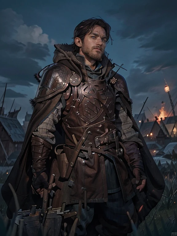 Cartoon style pictures ,(European men),midnight,Overall black tone, Characters take up one fifth,Create dystopian masterpieces, Game of Thrones movie scenes, The whole character is dressed in Game of Thrones style, Rugged full body armor and cloak, The background is the medieval manor farmland,river,farmer,Strong man, strong, shabby, ((Turn your back to the audience)), Photos taken from a distance,