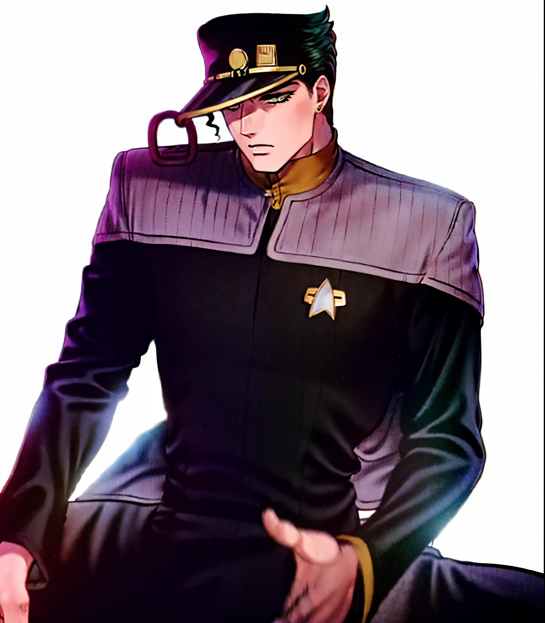 kujo jotaro kujo jotaro
muscular male
hat
green eyes

gakuran
long coat
jewelry
earrings
chain ds9st red and black uniform
ds9st teal and black uniform
ds9st yellow and black uniform
ds9st command
ds9st operations
ds9st science comm badge standing on a simple backround