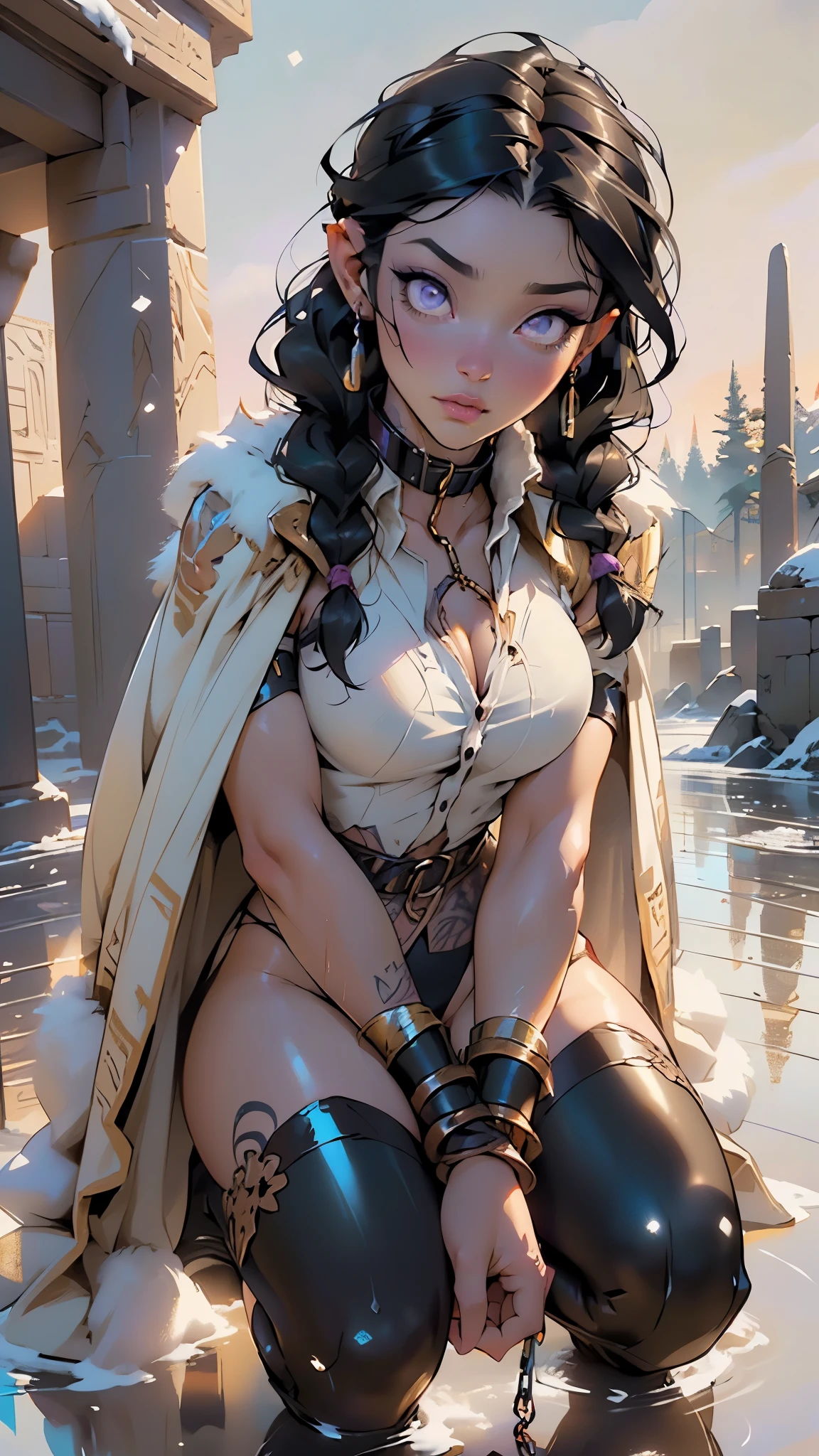 barbarian girl from ancient Egypt,1girl,

(large breasts:1.4),((((long twin braids,tight braids,long braid,braided hair,long hime cut,dark hair,black hair,colored inner hair)))),(((purple_eyes:1.3))),intricate eyes,beautiful detailed eyes,symmetrical eyes,((((lustrous skin:1.5,tanned skin,bright skin: 1.5,skin tanned,shiny skin,very shiny skin,shiny body,Reflective skin)))),(spider lower abdomen,narrow waist,wide hip,athletic body,inflated legs,thick thighs,delicate detailed fingers,(detailed face)),beautiful detailed lips,

cute,slutty,sensual,seductive look,seductive,((erotic)),opulent,sumptuous,((nsfw)),

(((eyeshadow,egyptian makeup,eyelid makeup))),zettai ryouiki,revealing clothing,show skin,((barbarian)),((fur cloak:1.5,furry cloak:1.5,)),(thigh boots,(armor),(barbarian furs,barbarian outfit)),(((extremely skimpy outfit))),(((arcane runes tattooed on her thighs and arms))),((thong panties, fur thong)),exposed stomach,torn clothes,((brown ancient cloth)),((fur trimmed accent)),((thin leather armor,tribal clothing)),((((slave collar,Long chain leash connected to her collar,shackles)))),(((wet clothes,intricate outfit))),

(flirtatious pose:1.3), looking at viewer,embarrassed,centered,scale to fit dimensions,Rule of thirds,

((snowy egyptian palace)),winter,scenery:1.25,((intricate scenery)),((snow forest background)),snow everywhere,(,snowy egyptian palace background,snowy pyramids in the background),extremely scenery,(puddles everywhere),clouds,Egypt style,Egypt castle,(sunset, golden hour),

(Glossy Egyptian ornaments),highres,sharp focus,(ultra detailed,extremely detailed),(photorealistic artwork:1.37),(extremely detailed CG unity 8k wallpaper),(((vibrant colors,vibrant theme))),(intricate),(masterpiece),(best quality),artistic photography,(photography taken by sldr),(intricate background),perfect rendered face,perfect face details,realistic face,photo realistic,((intricate detail)),(((realism))),
