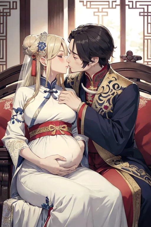 ((highest quality)), ((masterpiece)), (be familiar with), ((female、perfect face、Outstanding style、big chest、blonde、blue eyes、blonde、China服、Luxurious clothes、luxurious ornaments、Red clothes、Chinese people marry、Imperial Princess、Bun head、pregnancy、pregnant woman))((male、中国人male、black hair、China、Old man、obesity、Ugly、emperor、Old man、始emperor、Luxurious clothes))政略marriage、marriage、marriage式、maleとfemale、hug each other、emperor、kiss、ancient China