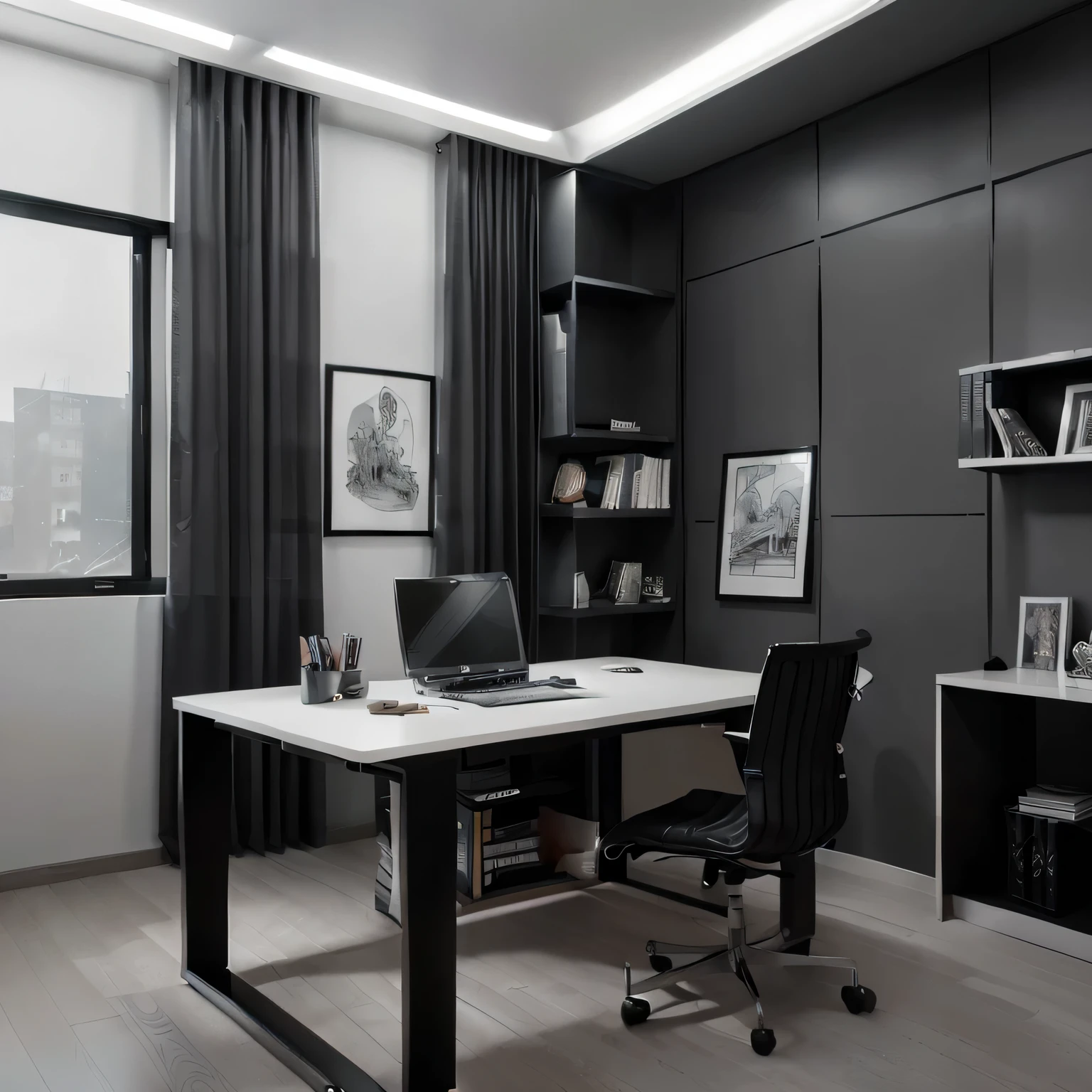 masterpiece、top-quality、High-quality images、8K、 ((unmanned、Background with、Accurate perspective、line-drawing、Contour extraction、monochromeoderate shading、Medium omission、Comic style、)):1.4 ((a room、study、a desk、bookshelf、Boken、unmanned))1.5