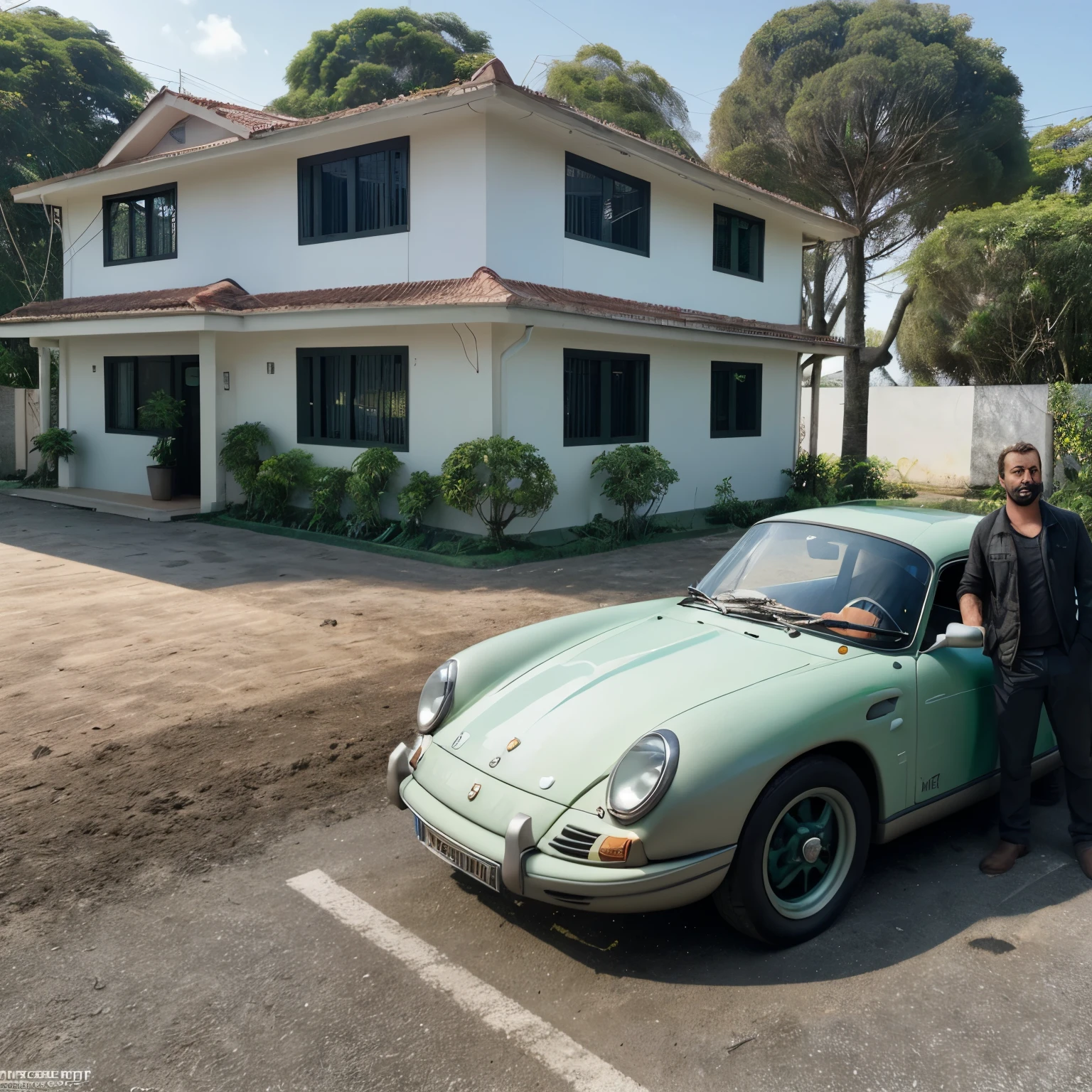 Um homem entrando em uma porshe antiga verde estacionada no quintal de uma casa, dinheiro antigo, ultra realista