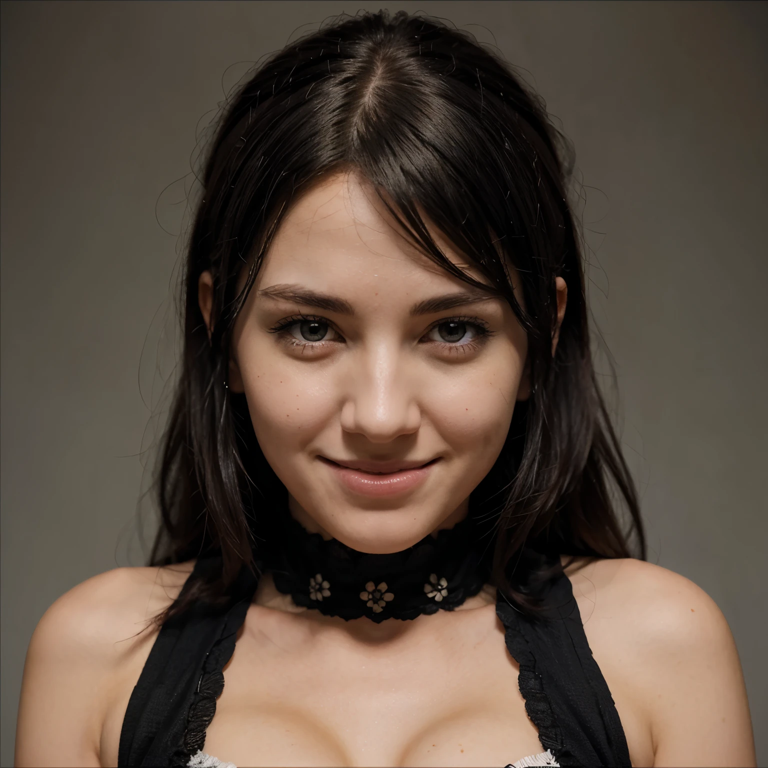 style of Tsutomu Nihei, cleavage, huge breasts, fcPortrait, woman ,cleavage, huge breasts, choker, dress , (sharp focus:1.2), portrait, ((posing)), (beautiful face:1.1), detailed eyes, luscious lips, ((skindentation)), (bright studio lighting:1.2), depth of field, bokeh, 4K, HDFotografia RAW, melhor qualidade, obra-prima, extremamente delicada e bonita, extremamente detalhada, CG, unidade, papel de parede 8k, incredible detailed, finamente detalhado, obra-prima, melhor qualidade, arte oficial, unidade CG extremamente detalhada 8k papel de parede, ultra-detalhado, alta resolução , extremamente detalhado, claro, focado, (melhor qualidade), (realista, fotorrealista:1.6), 8k, soft-lighting, alta qualidade, cinematic lighthing, 1girl, centrado, corpo inteiro, morena, (suor:1), perfeito dedos, cabelo comprido