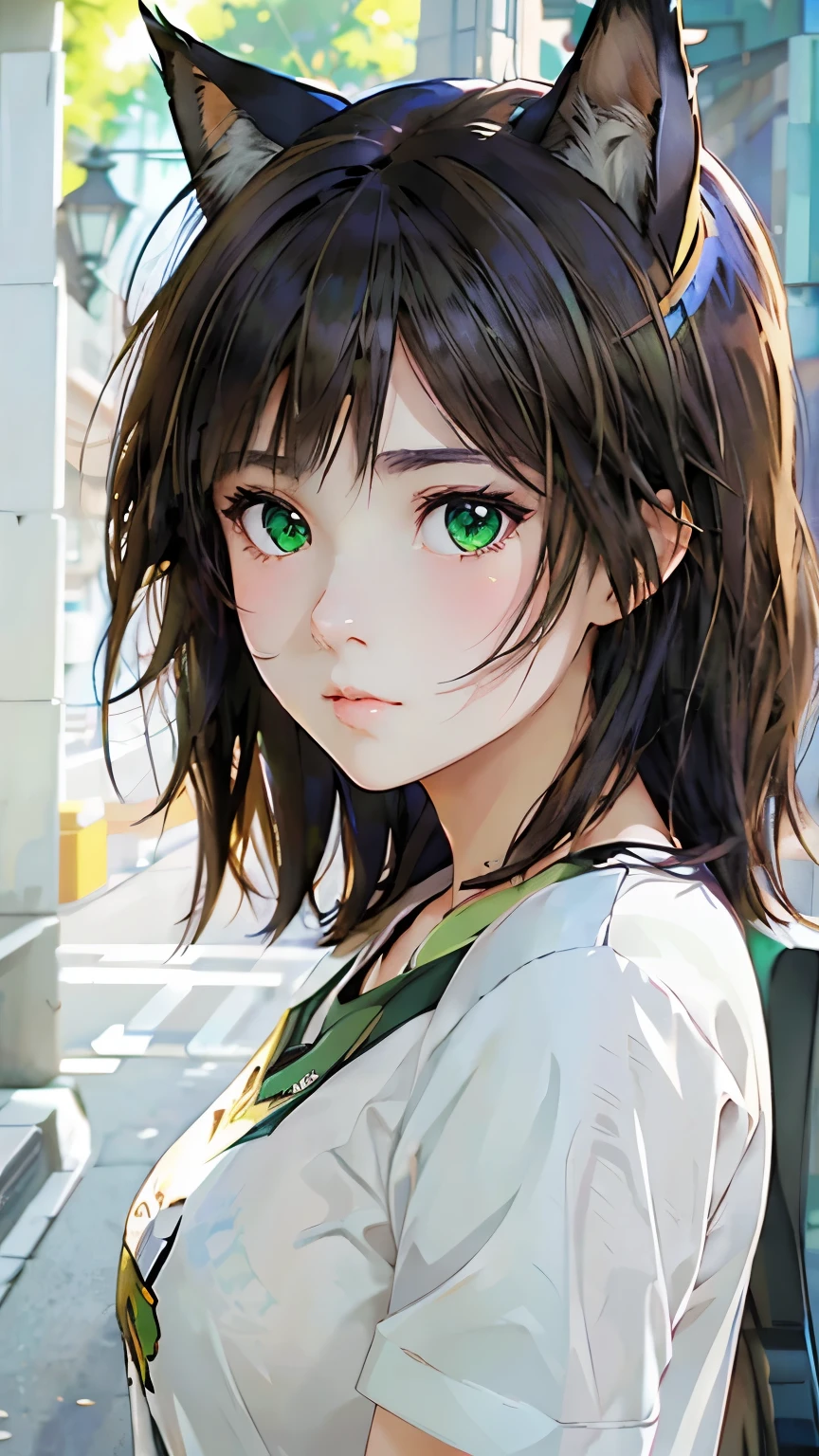  Girl with cat ears, cute-fine-face, anime, illustration, realistic shaded perfect face, brown hair, green eyes, fine details, realistic shaded lighting by Ilya Kuvshinov and Giuseppe Dangelico, IAMAG premiere, WLOP matte print, 4k resolution, a masterpiece
