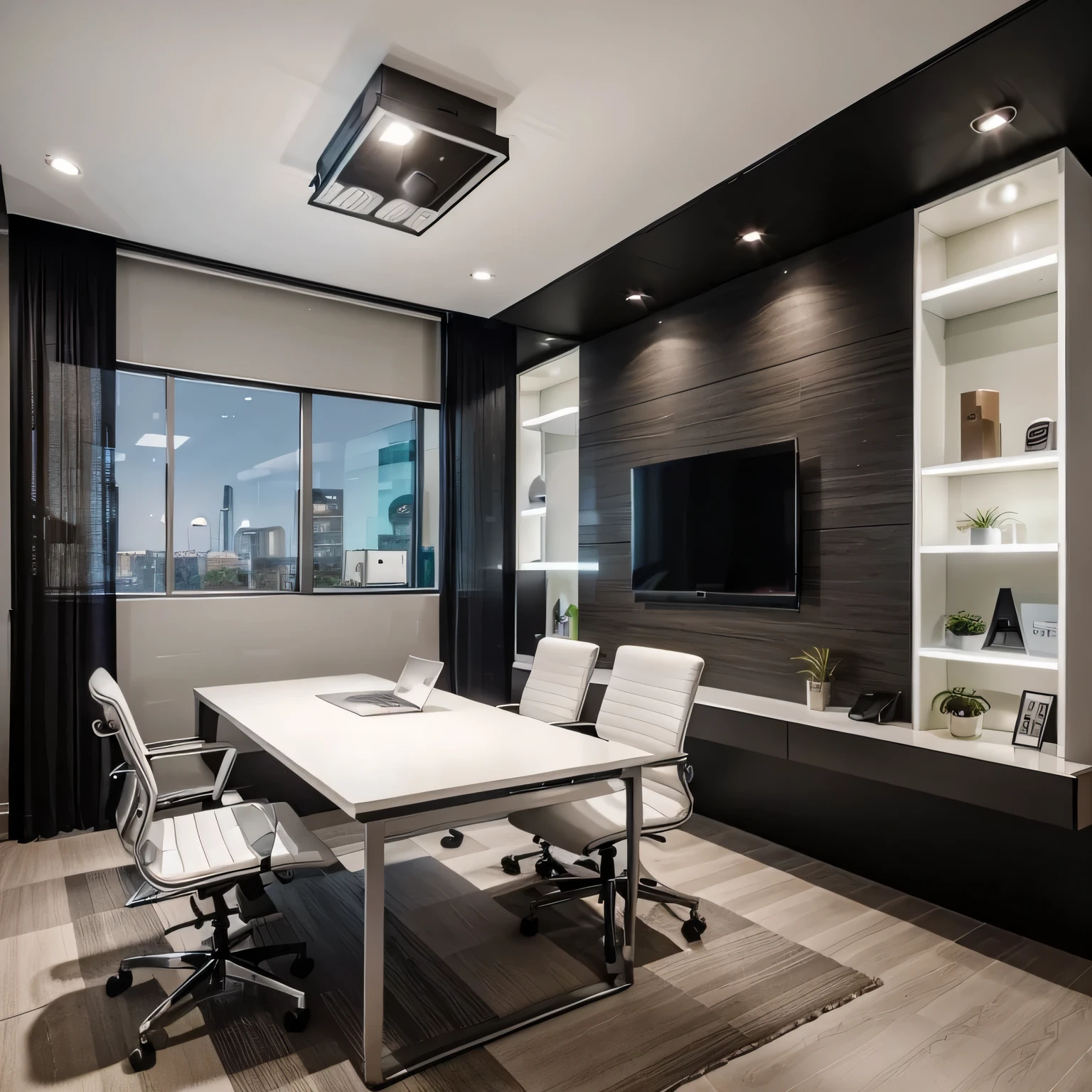 a view of a modern office with a large screen tv, office room interior, modern office, office interior, home office interior, interior design, professional render, offices, office furniture, popular interior design style, modern style, modern look, modern interior design, high quality rendering, artistic render, interior photography, cubical meeting room office, office, digital rendering, laptop opened