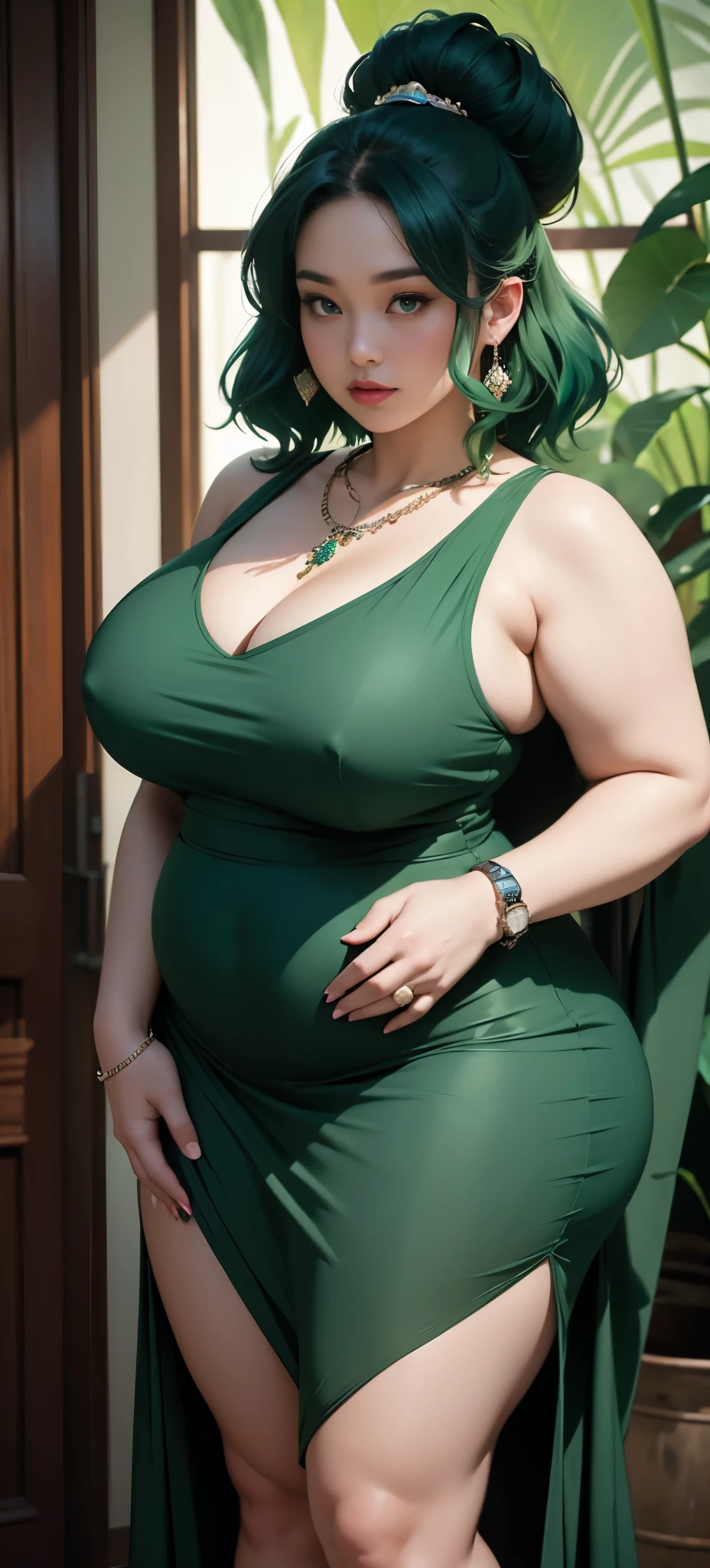 photorealistic, high resolution, soft light,1women, solo, wide hips, (detailed face),tattoo, jewelry, , , blue and green hair Color , (closeup), wide angle,, (busty), armpit , Slightly fat belly, large breasts, full body angle, 45 years old woman , thick thighs , thick arms , standing in dark rooms, dark-green long dress , wearing a three bracelet, wearing two diamond necklace , wearing a watch, wearing airmax shoes , japanese goddess, wavyshort hairstyle, fat belly, thick fat belly, thick wide hips, thick arm, bbwchan, massive arm, full body,, dark-green long dress